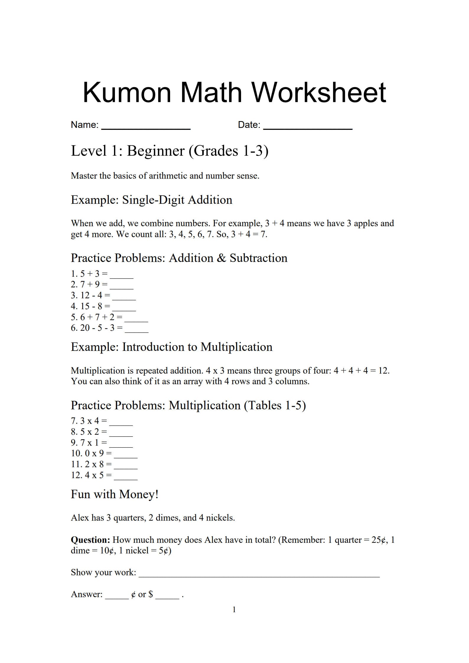 Kumon Math Worksheet 1