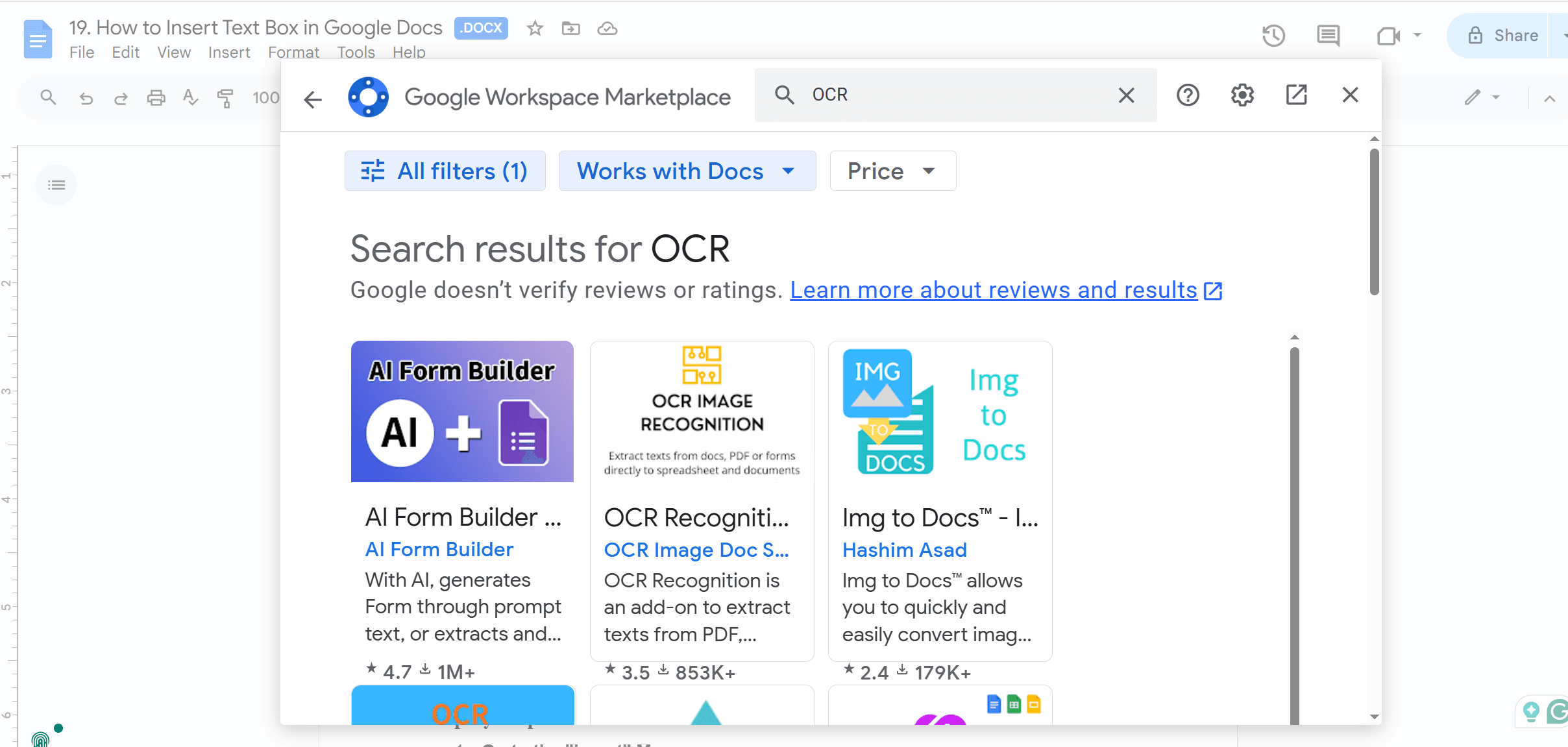 Launch it via 'Extensions' > 'Img to Docs - Image OCR' > 'Start'. 