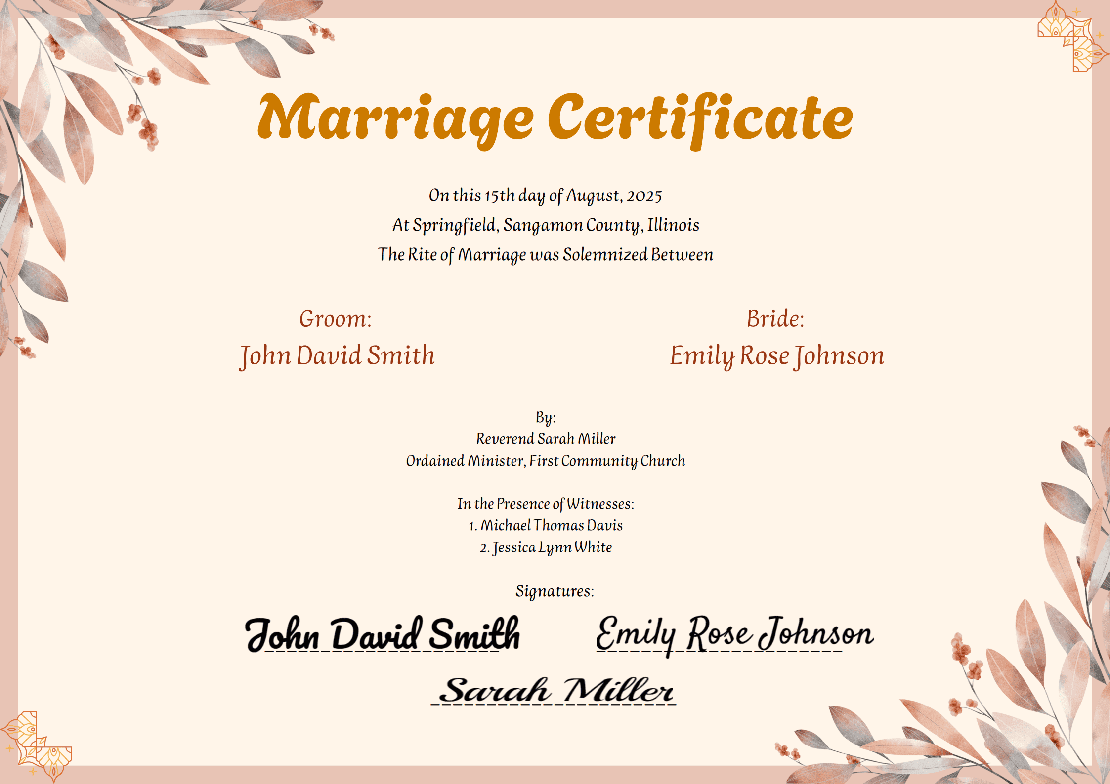 Marriage Certificate Example