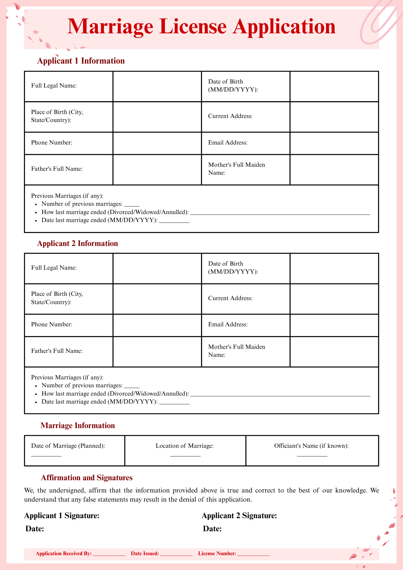 Marriage License Application