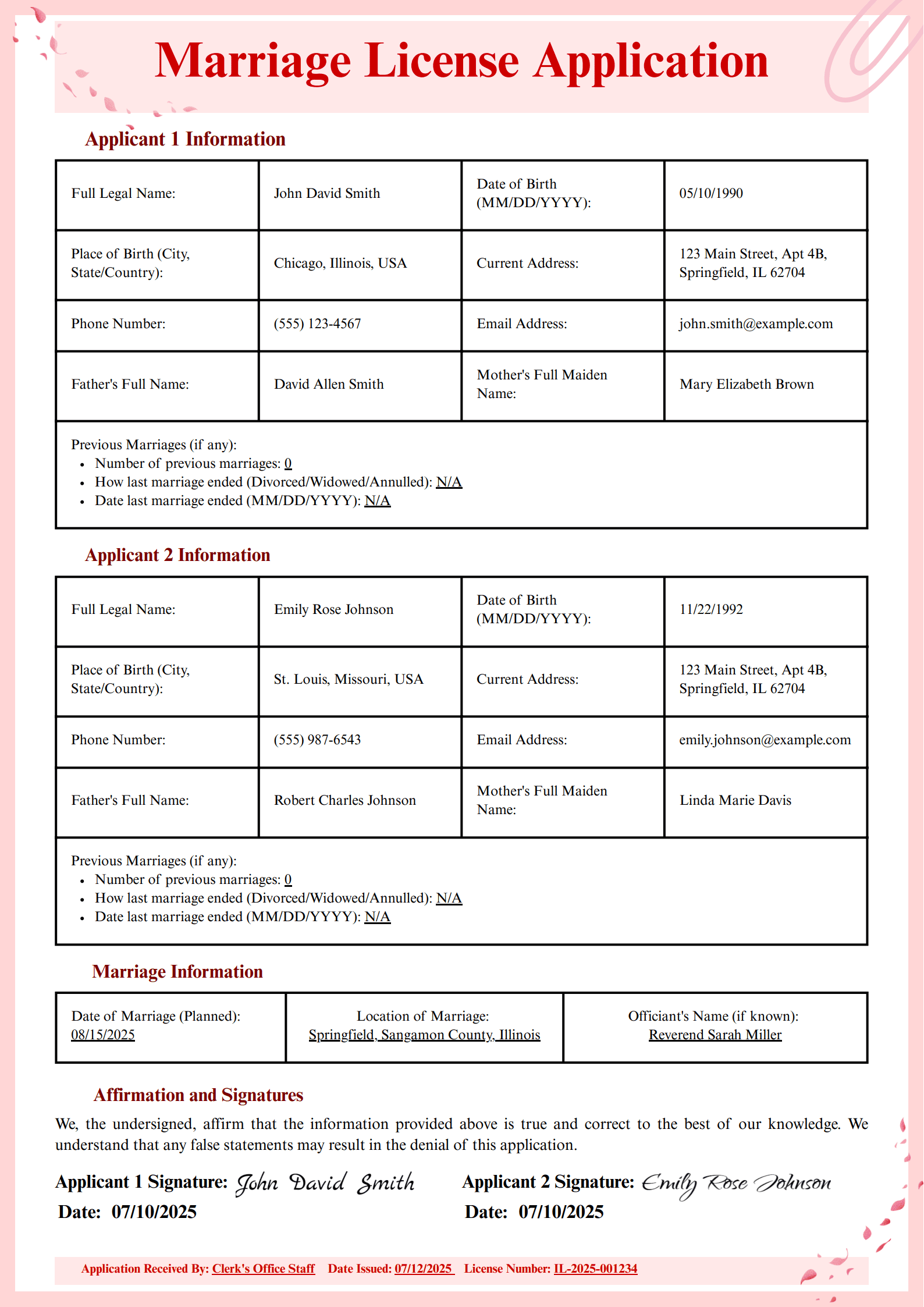 Marriage License Application Example