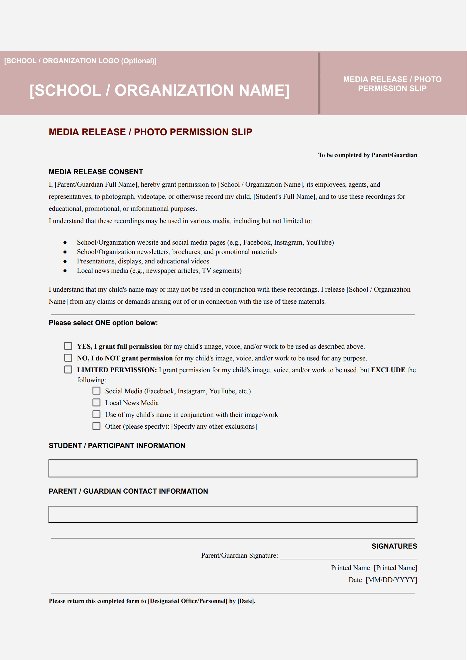 Media Release Permission Slip Template