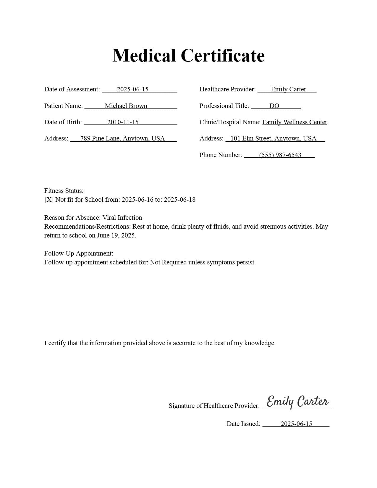Medical Certificate Example for School