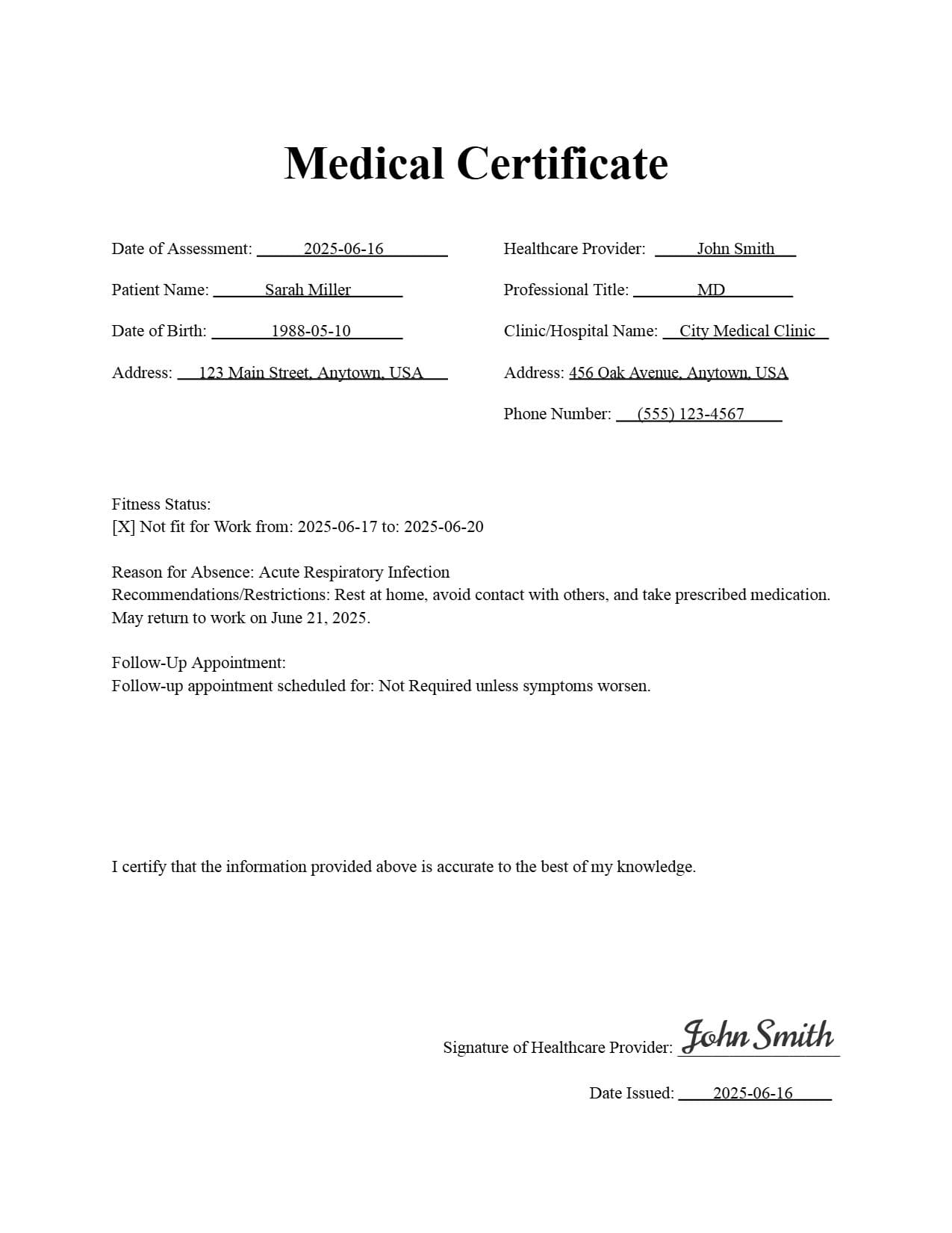 Medical Certificate Example for Work