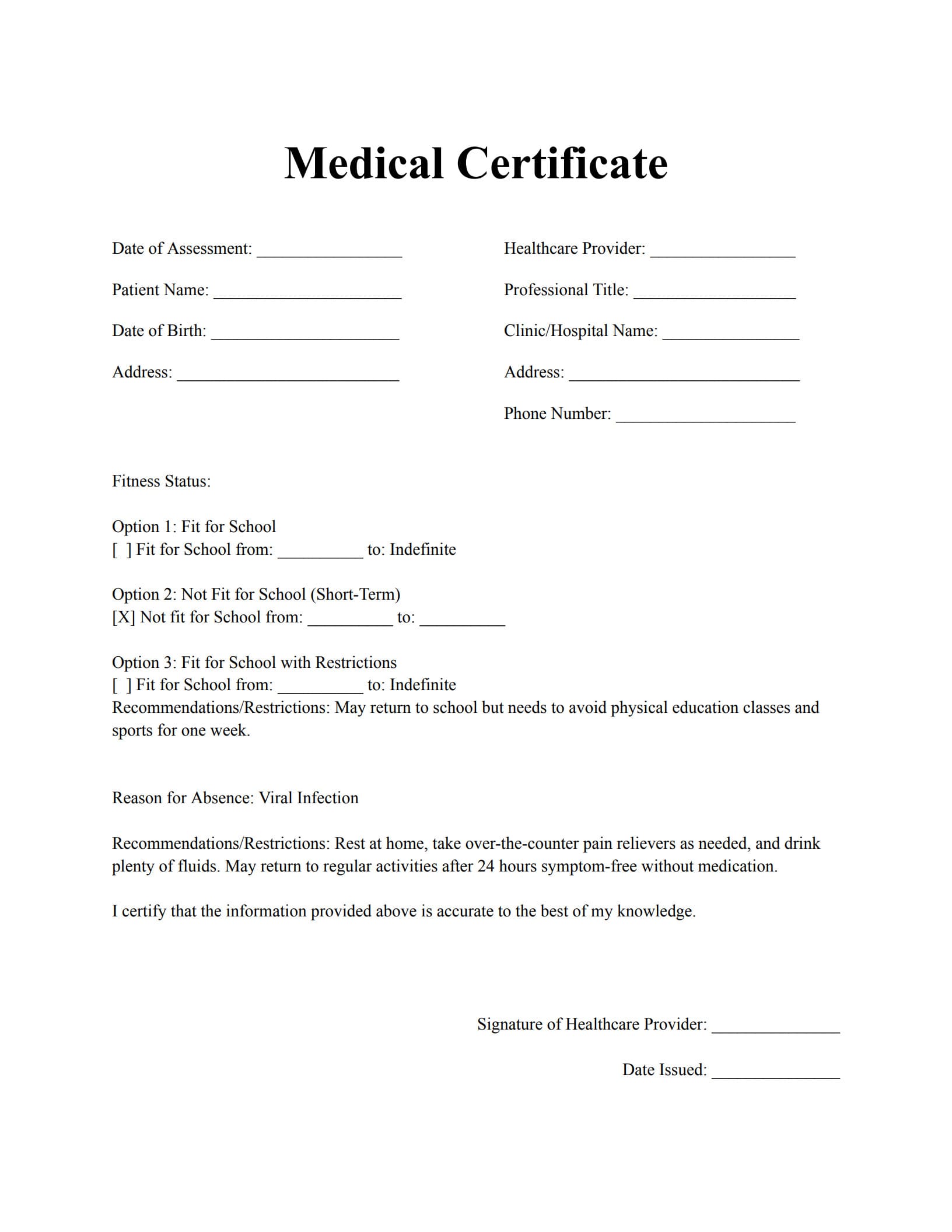 Medical Certificate Sample