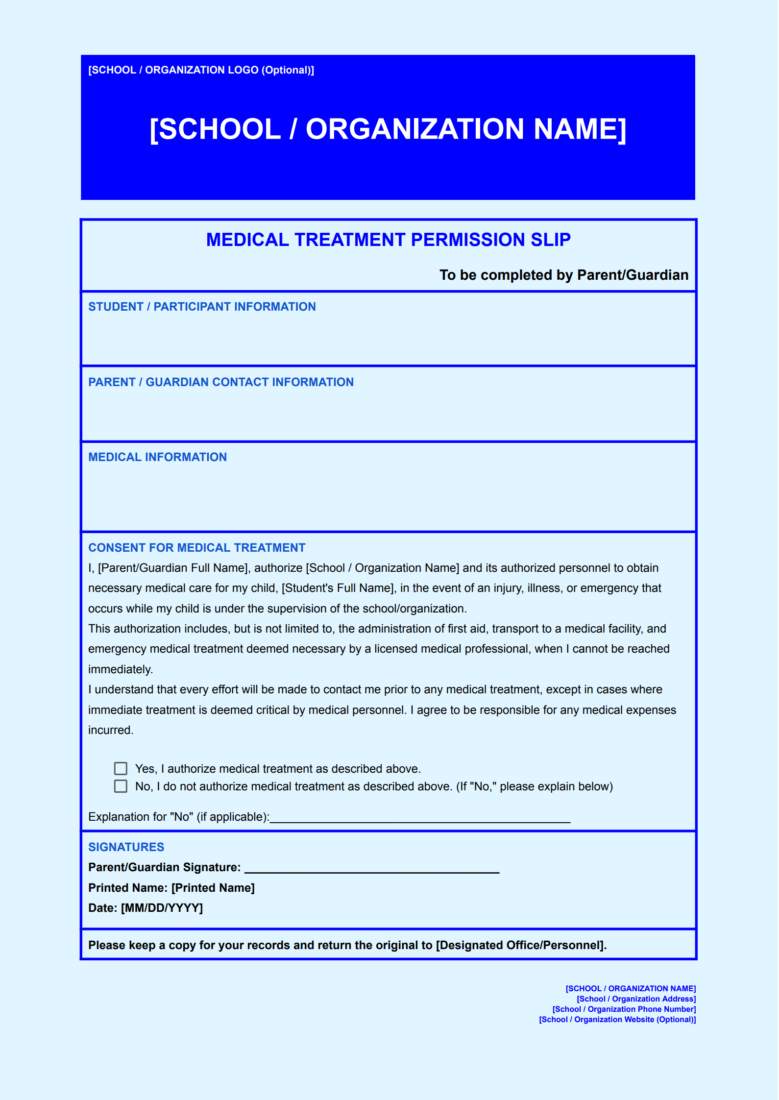 Medical Treatment Permission Slip Template
