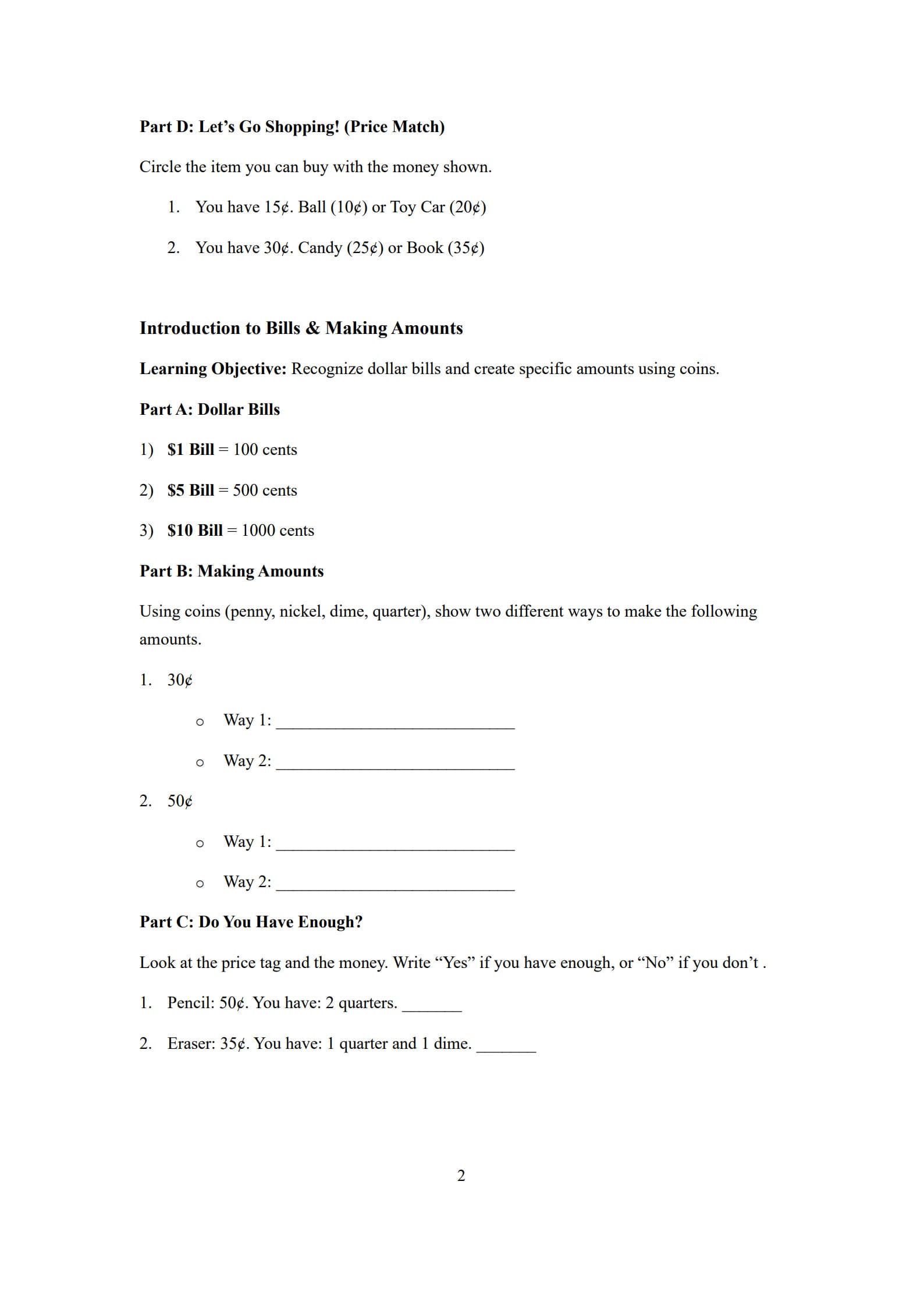 Money Worksheet 2
