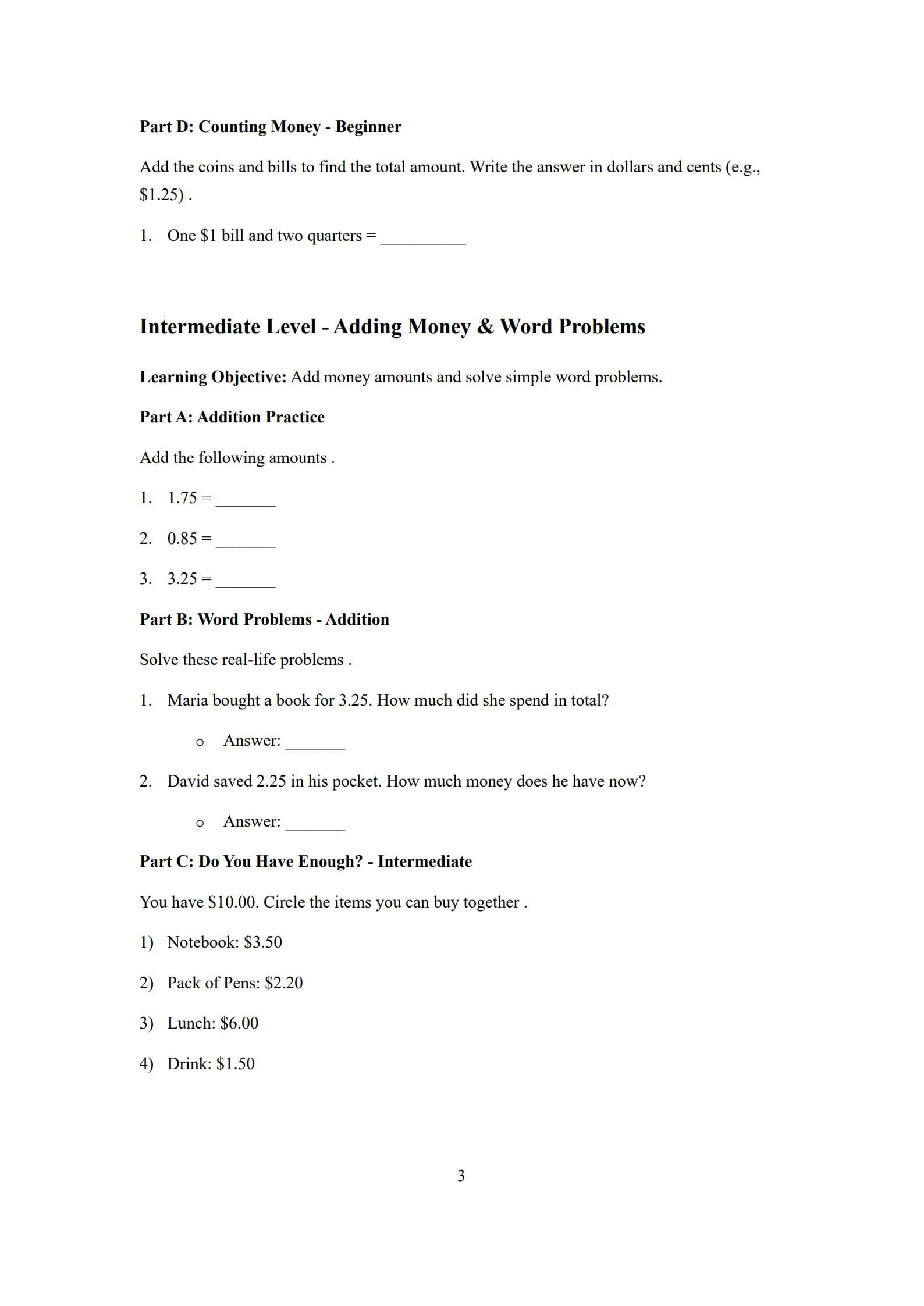 Money Worksheet 3