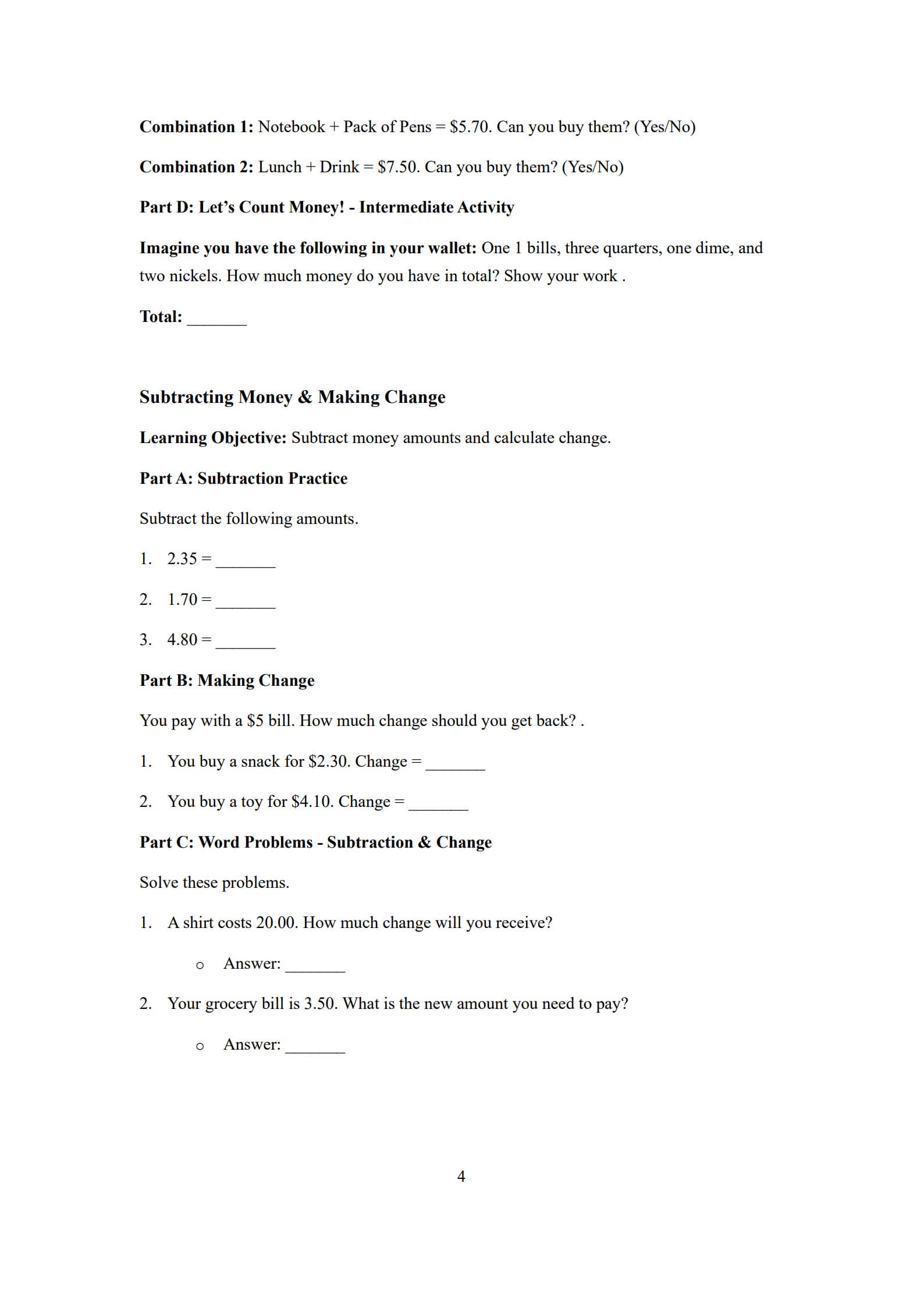 Money Worksheet 4