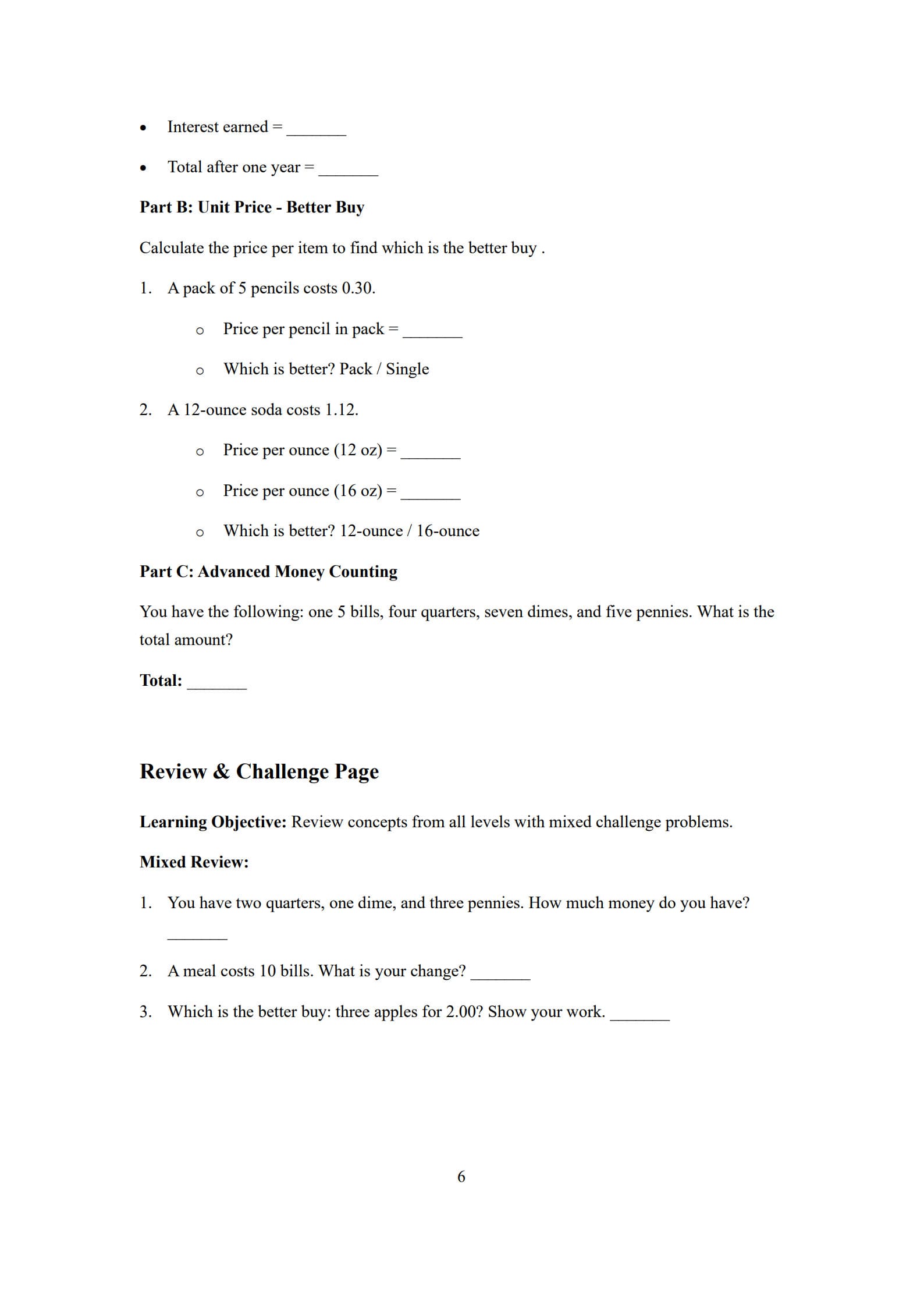 Money Worksheet 6