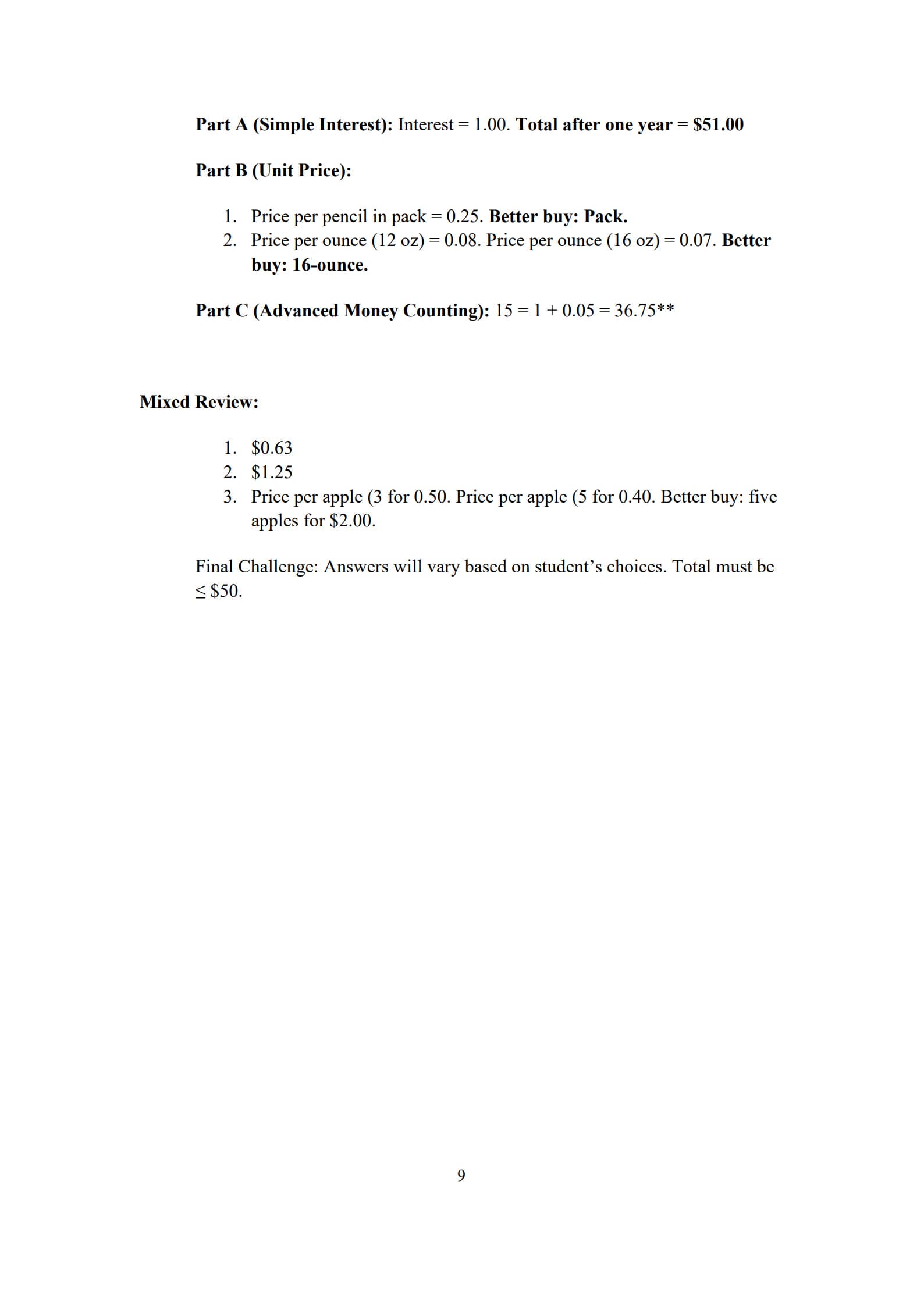 Money Worksheet 9