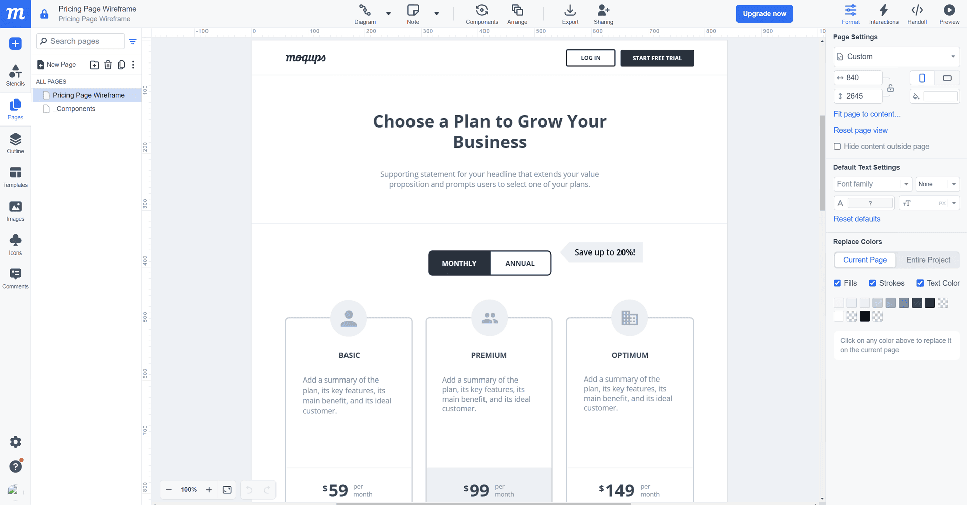 Moqups Template - Pricing Page Wireframe