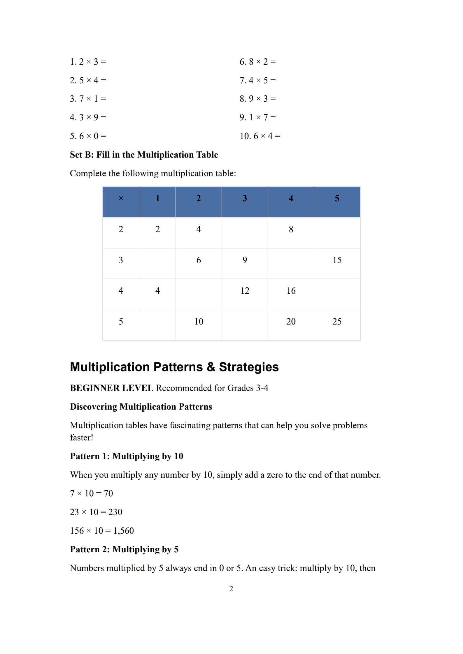 Multiplication Worksheets 2