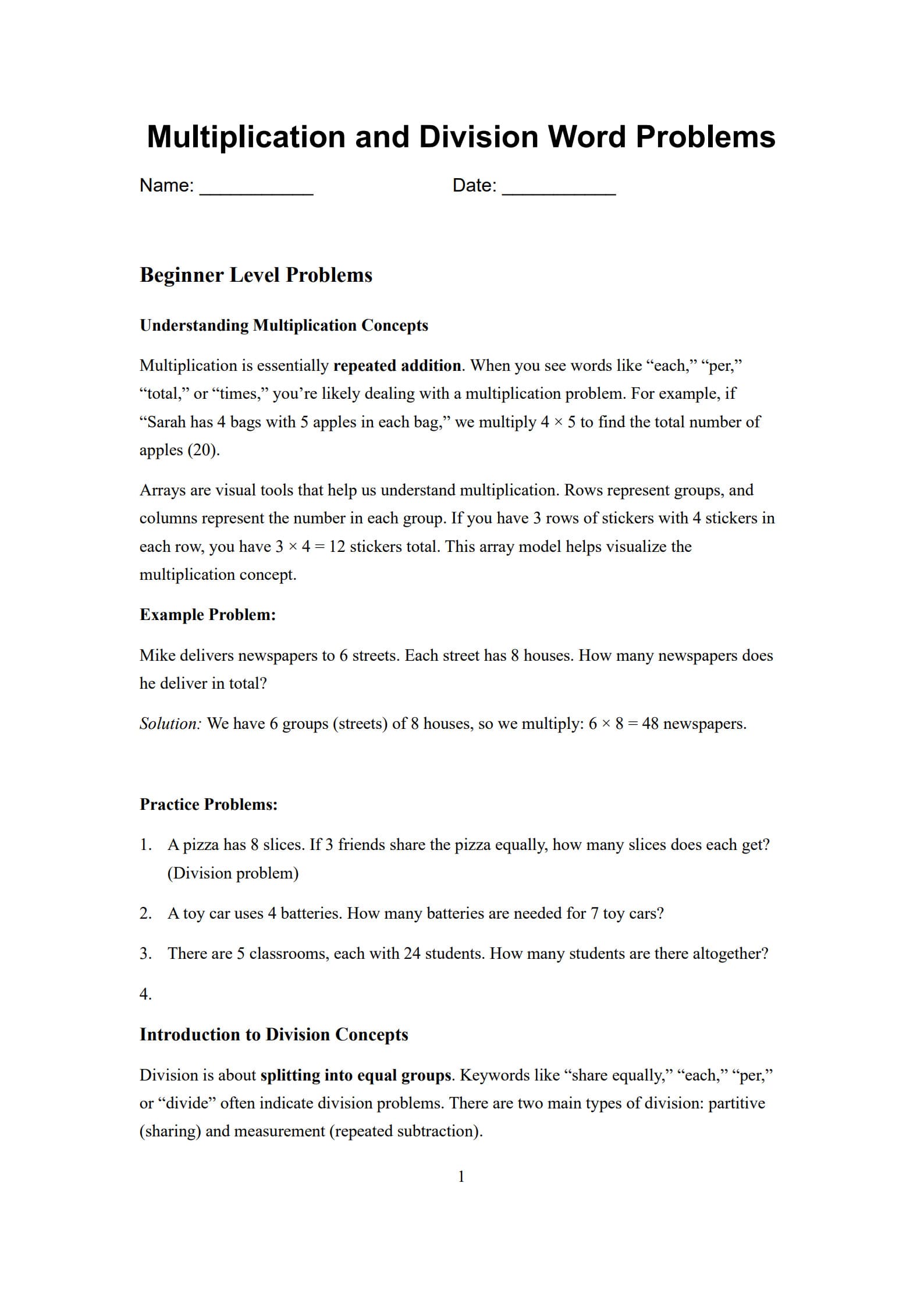 Multiplication and Division Word Problems 1