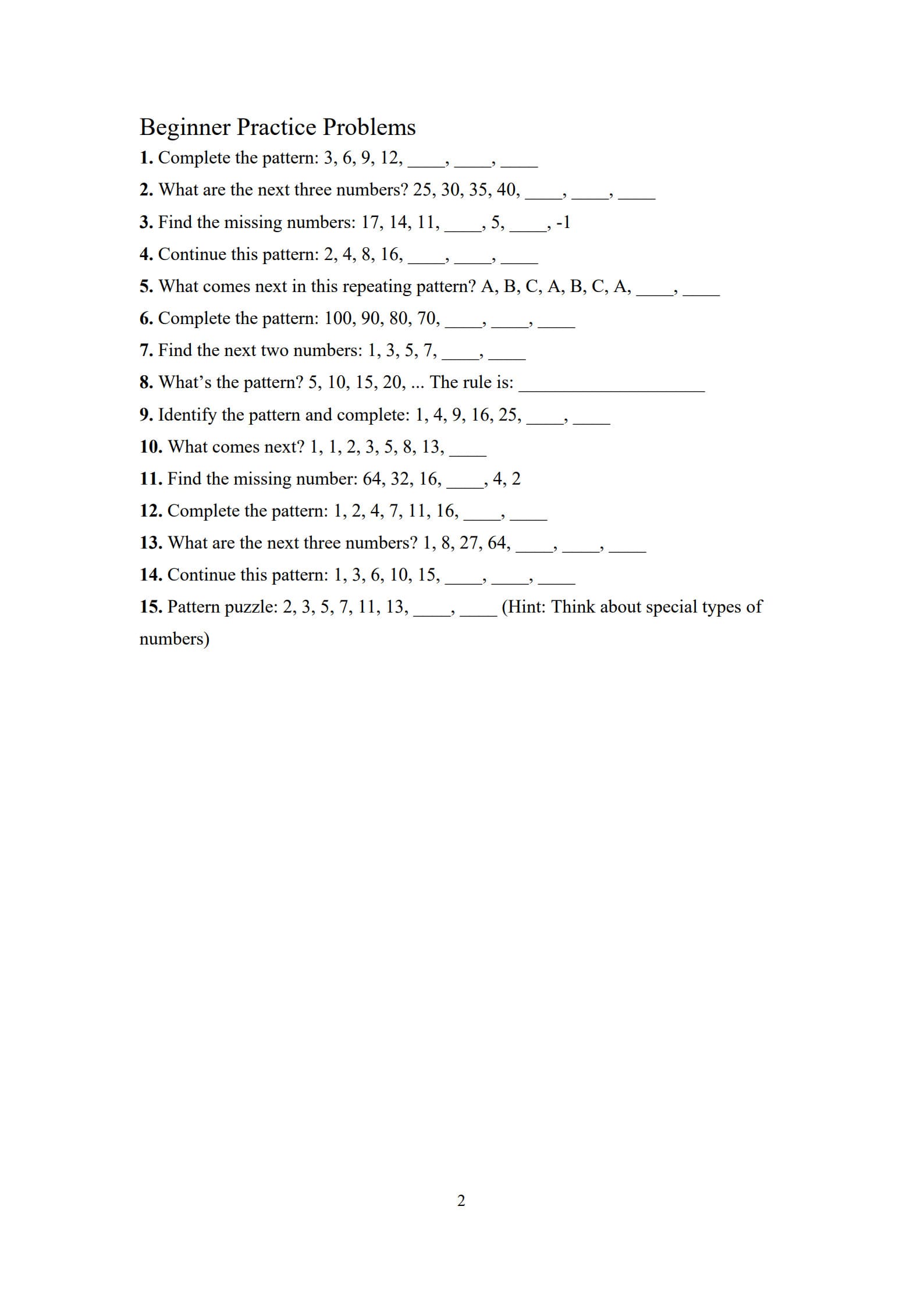 Number Pattern Worksheet 2