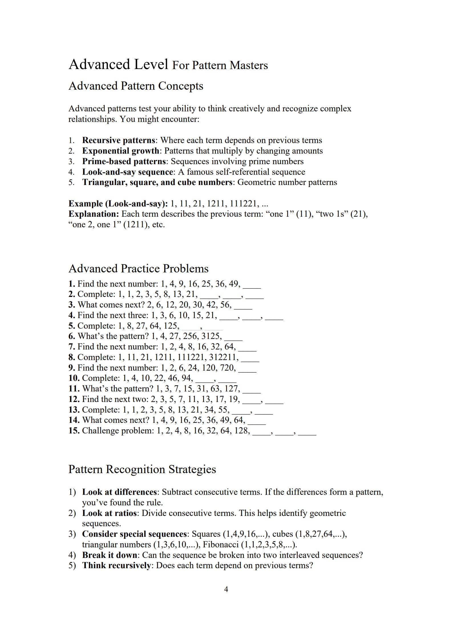 Number Pattern Worksheet 4