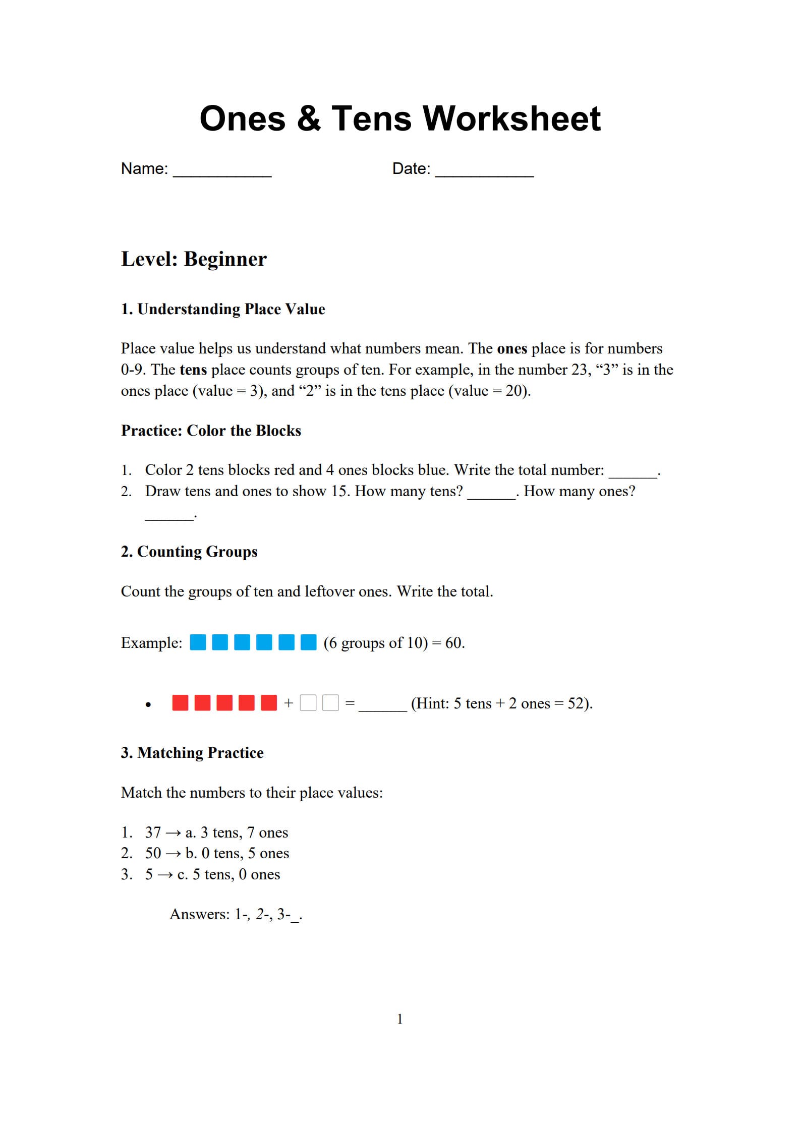 Ones and Tens Worksheet 1