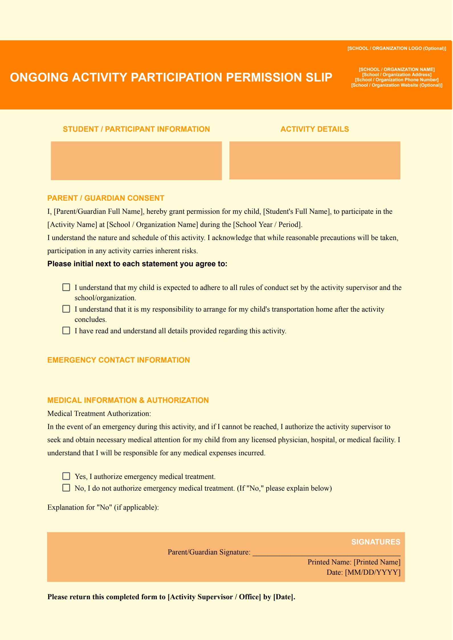 Ongoing Activity Participation Permission Slip Template