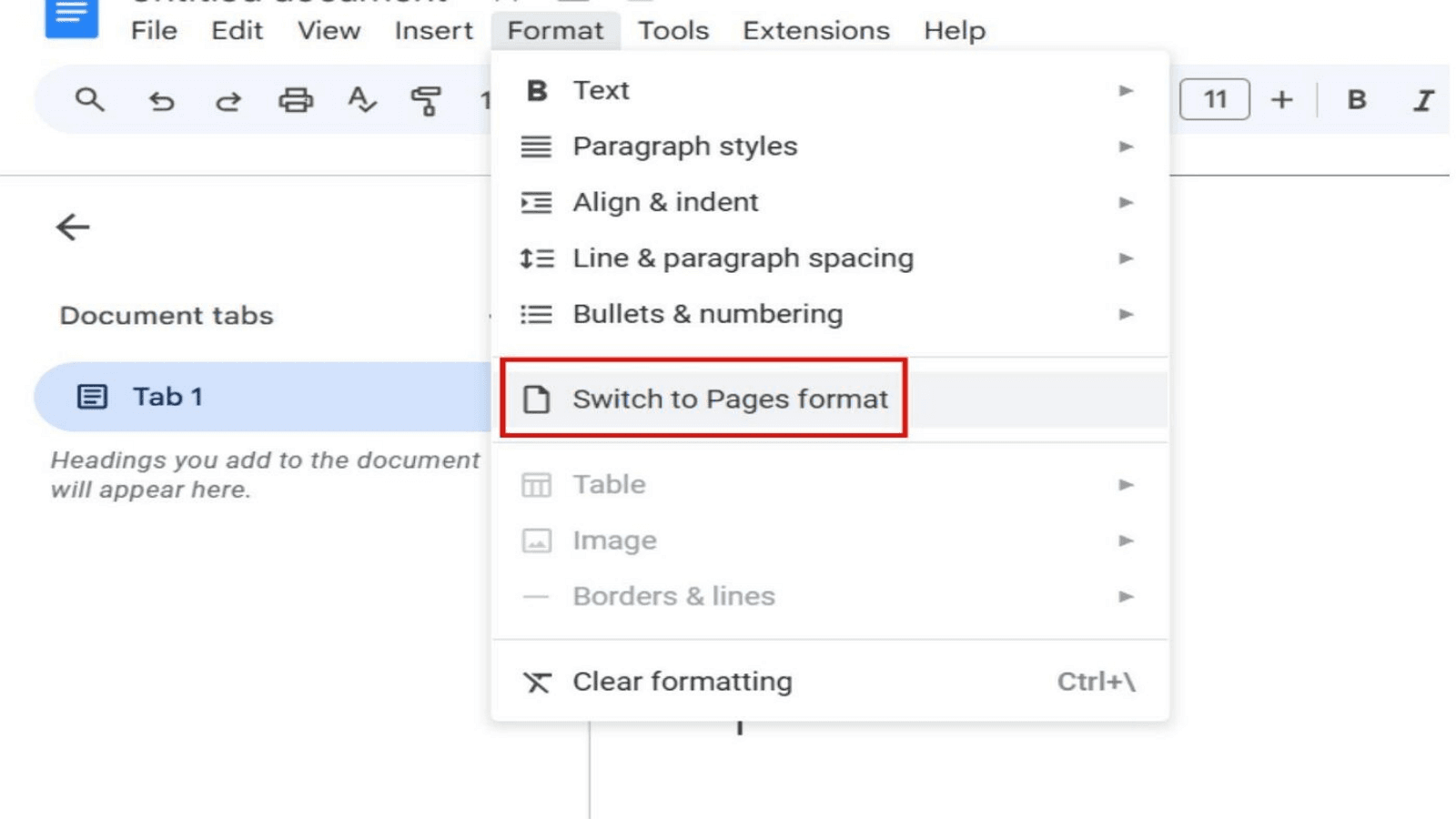 Option 2:  1. Go to Format > Switch to Pages Format.