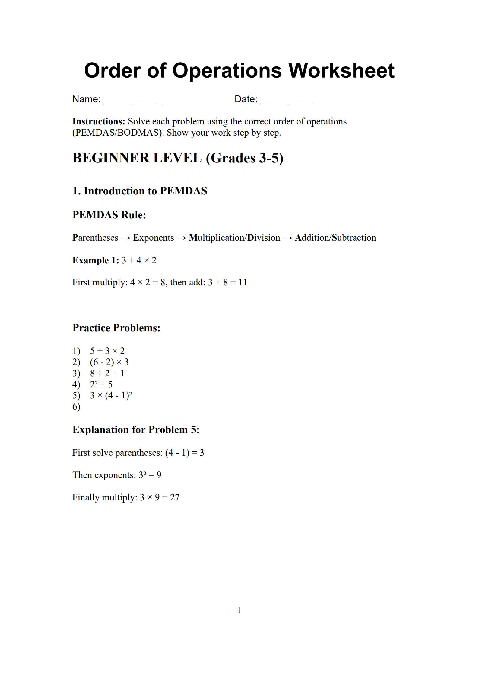 Order of Operations Worksheet 1