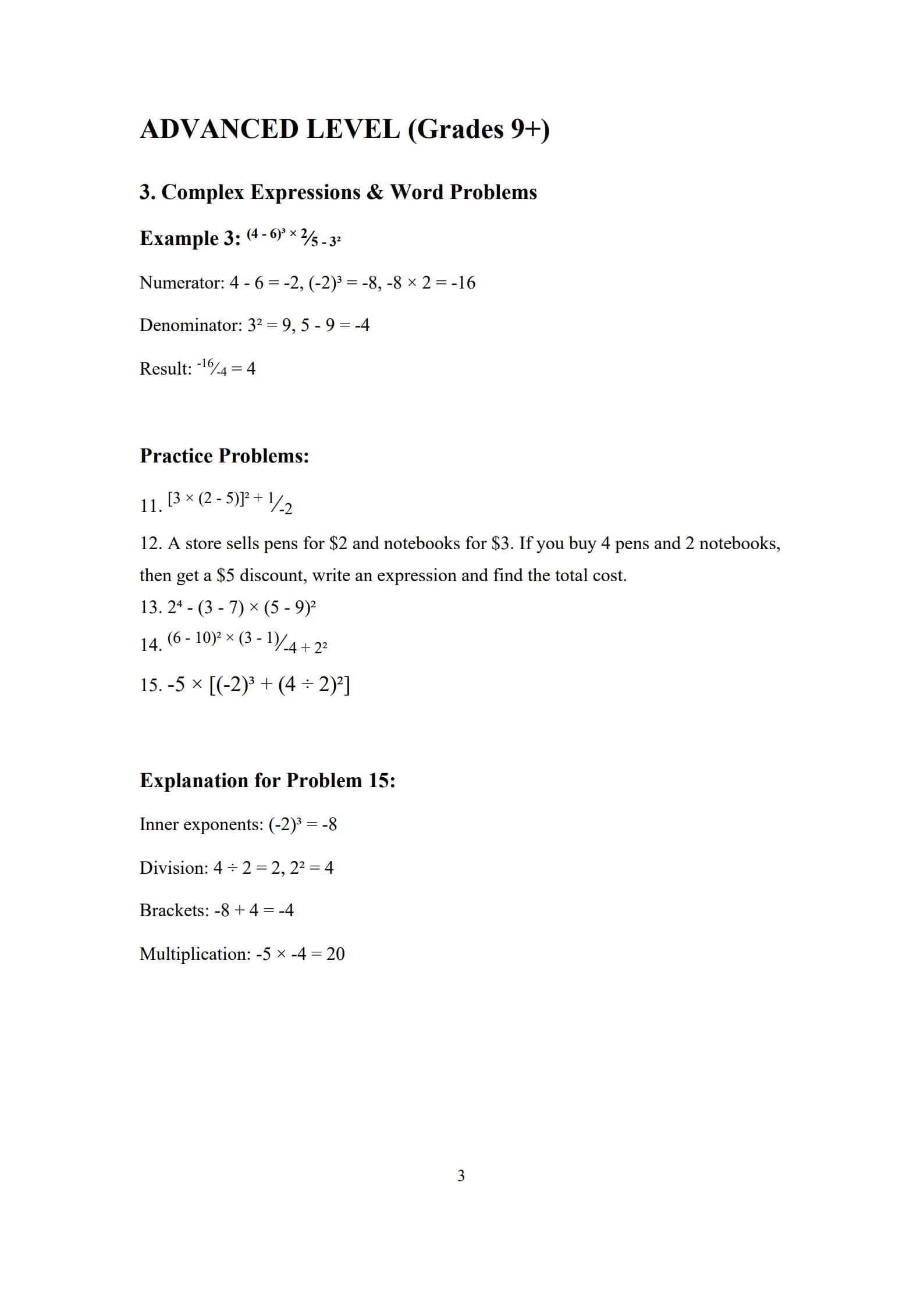 Order of Operations Worksheet 3