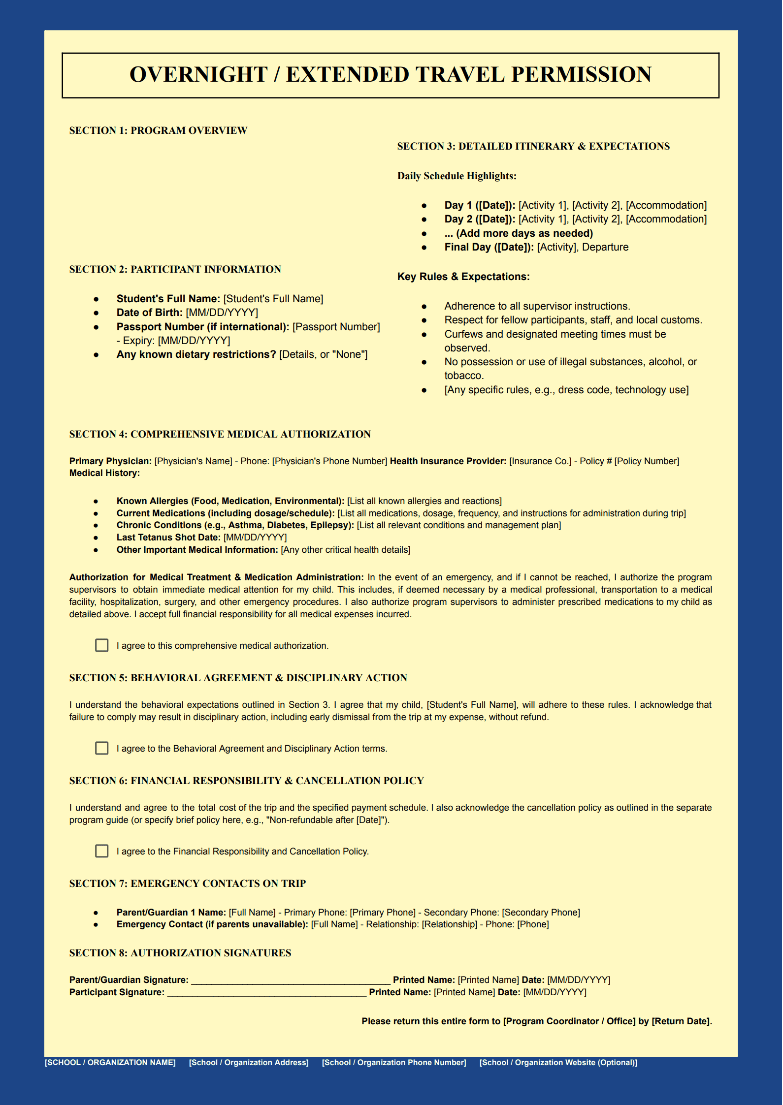 Overnight Travel Permission Slip Template