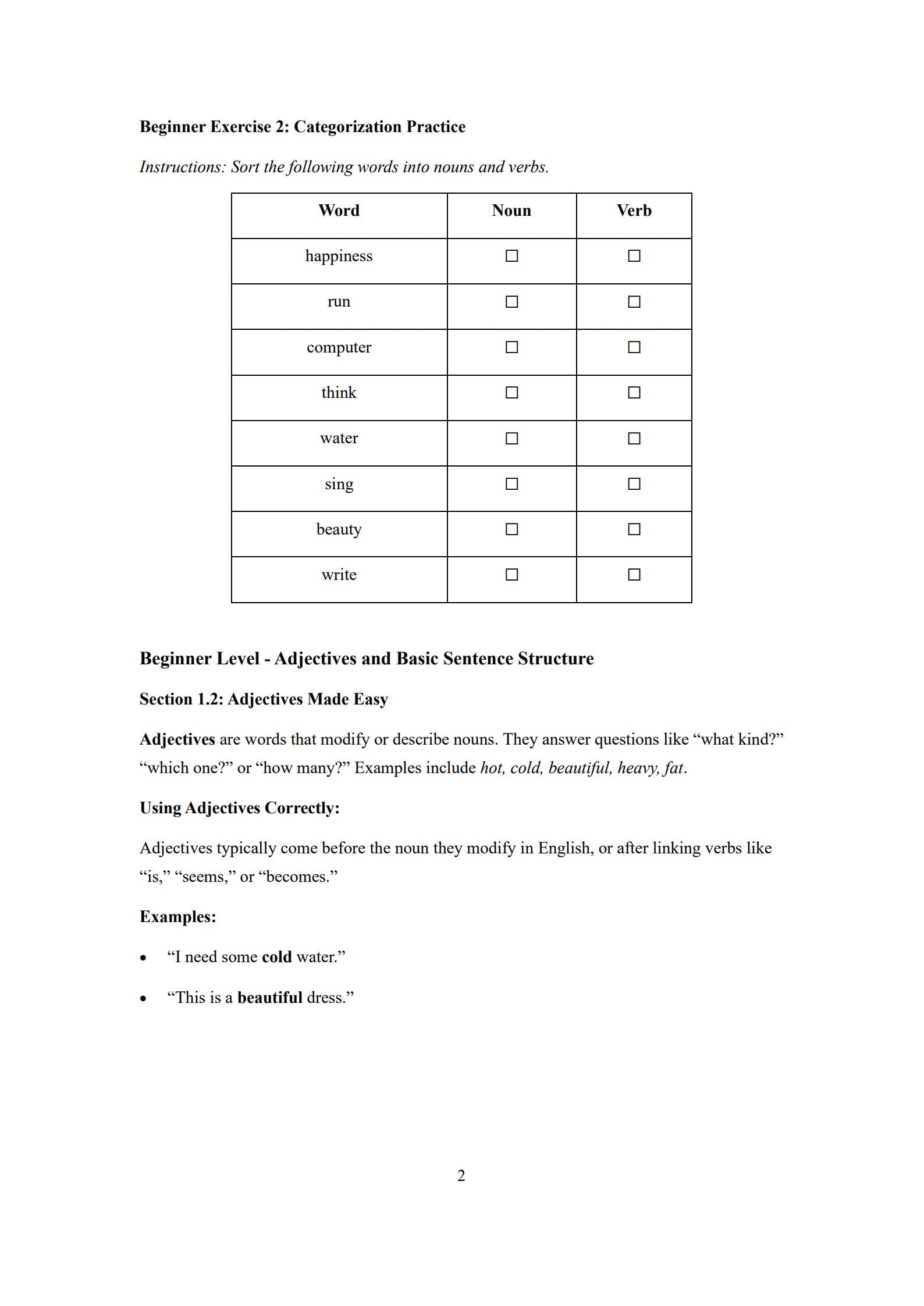 Parts of Speech Worksheet 2