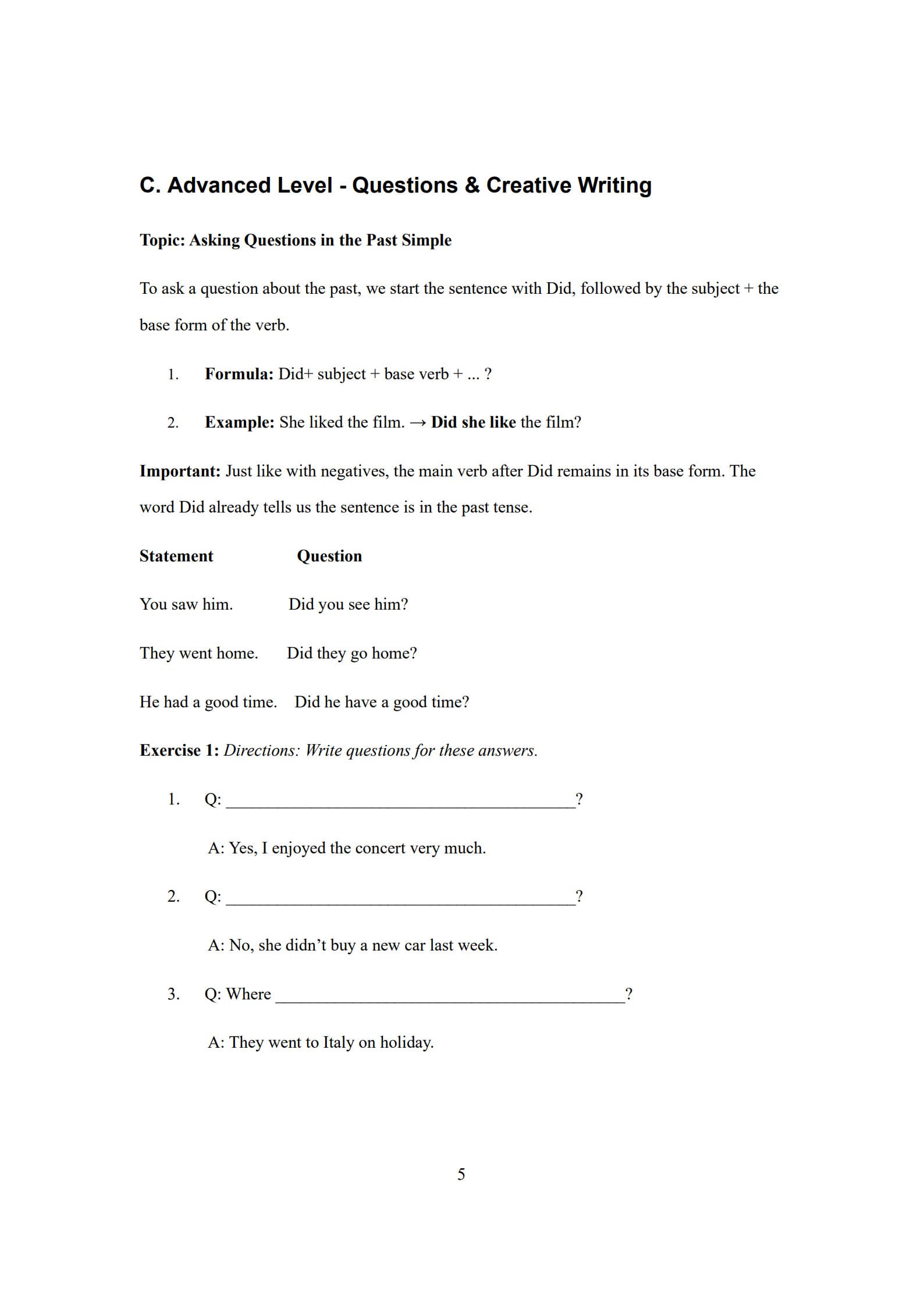Past Simple Worksheets 5