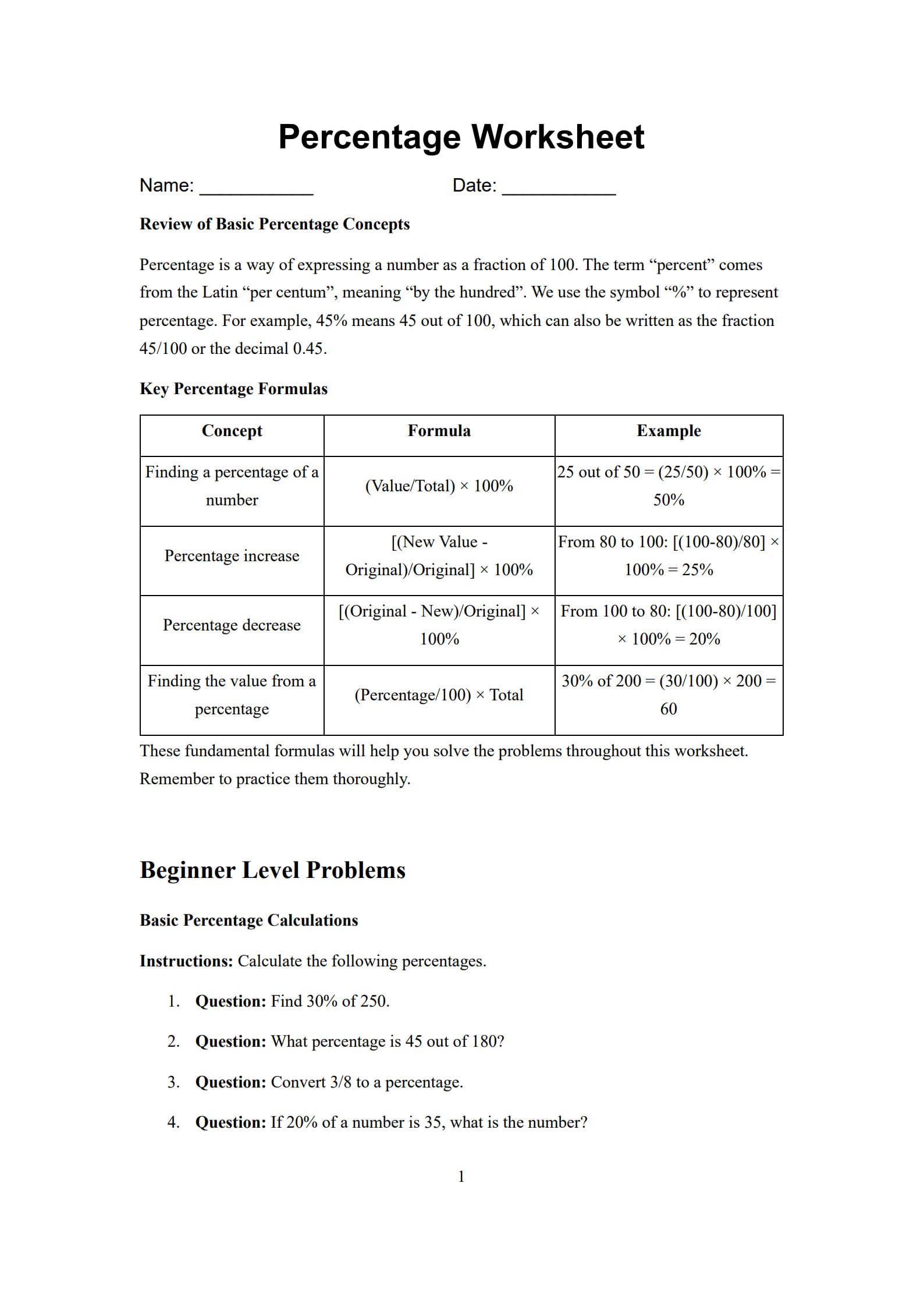 Percentage Worksheet 1