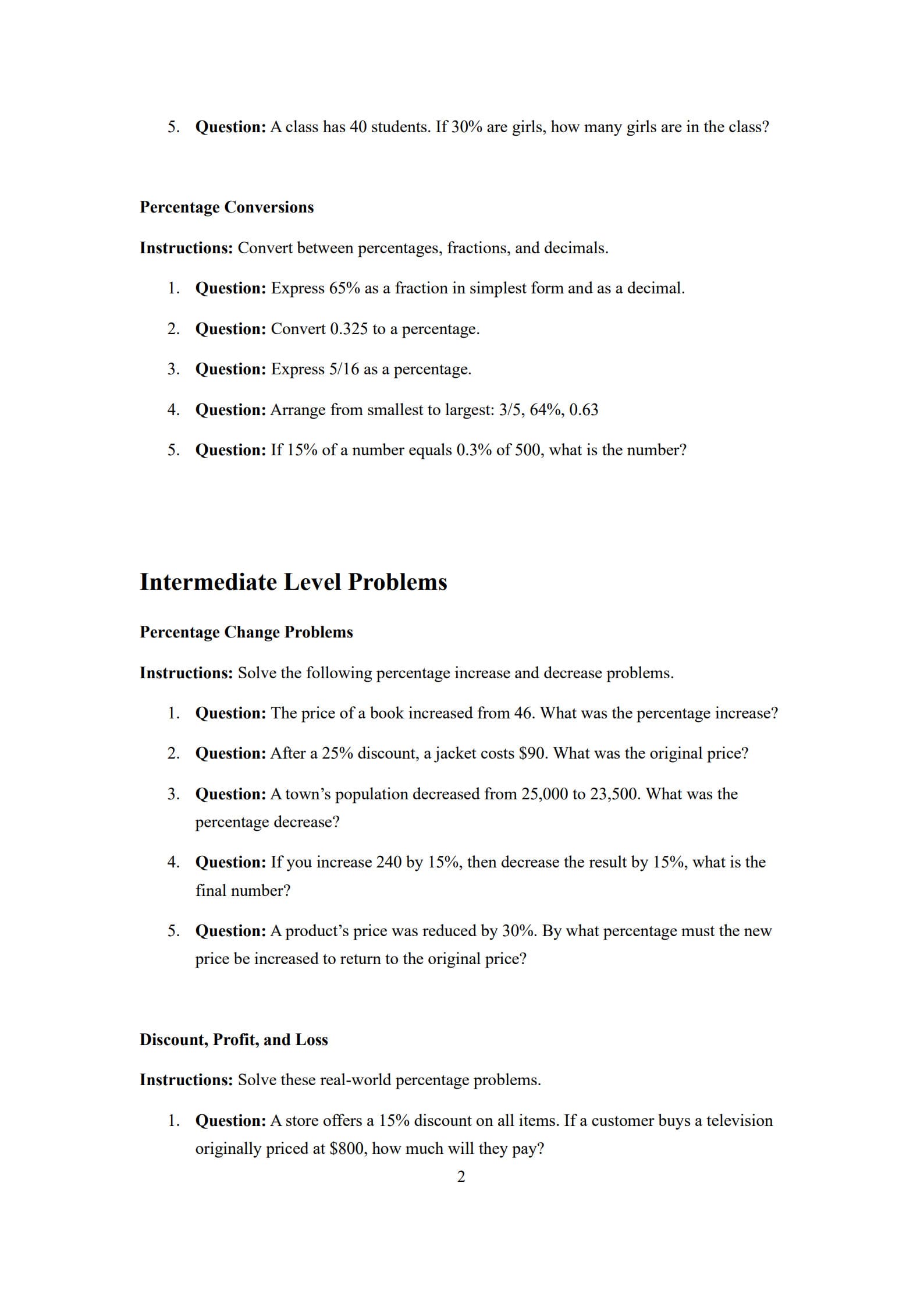 Percentage Worksheet 2