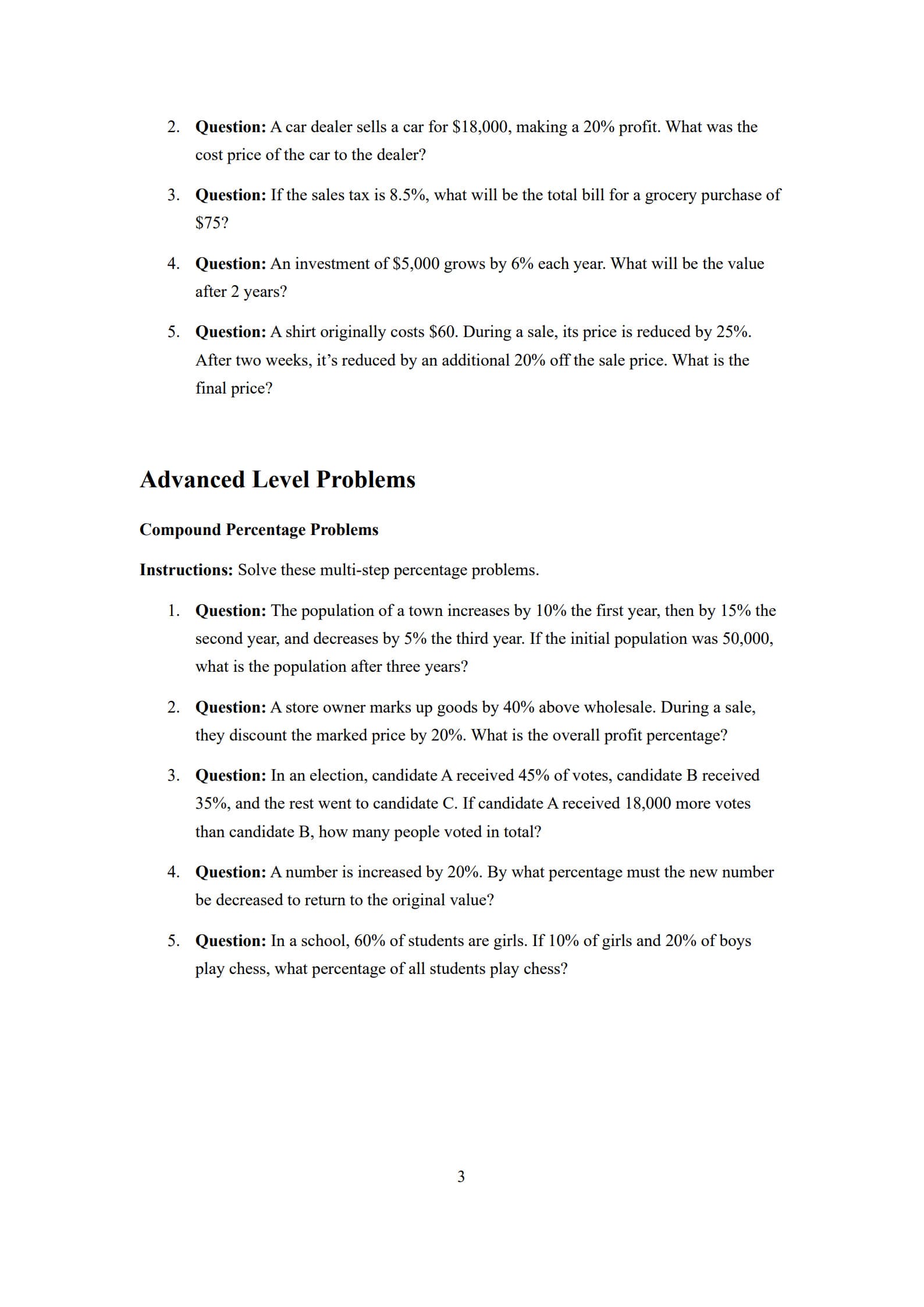 Percentage Worksheet 3