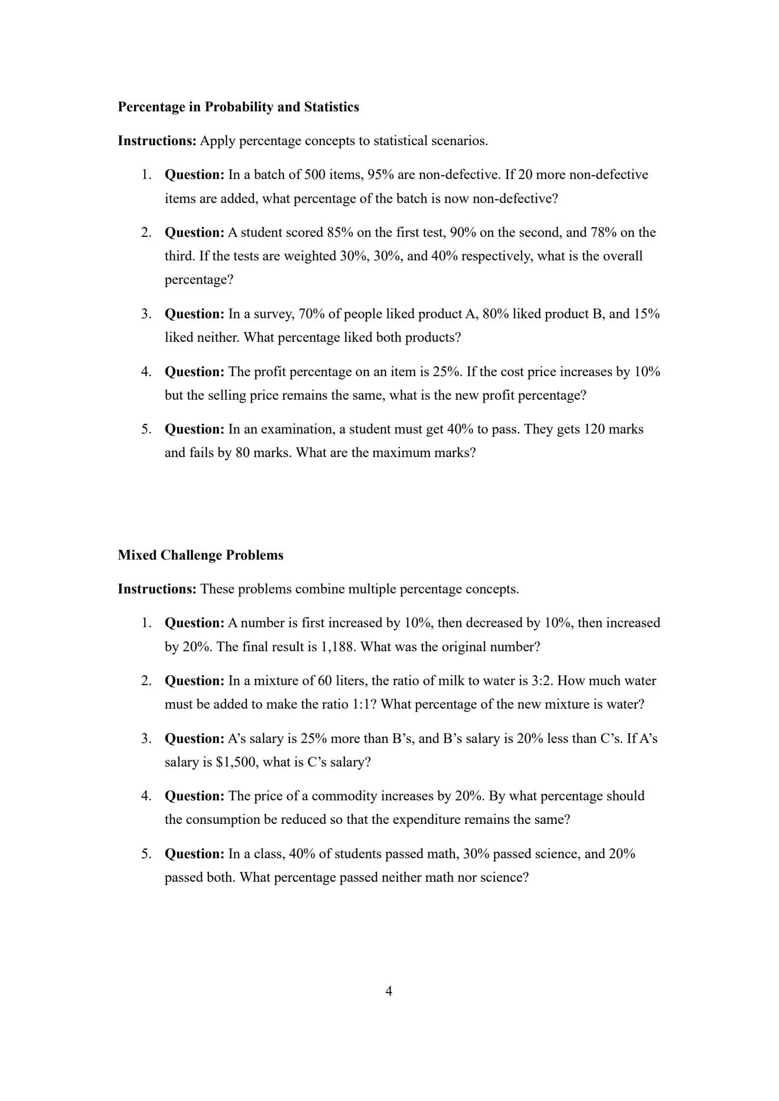 Percentage Worksheet 4