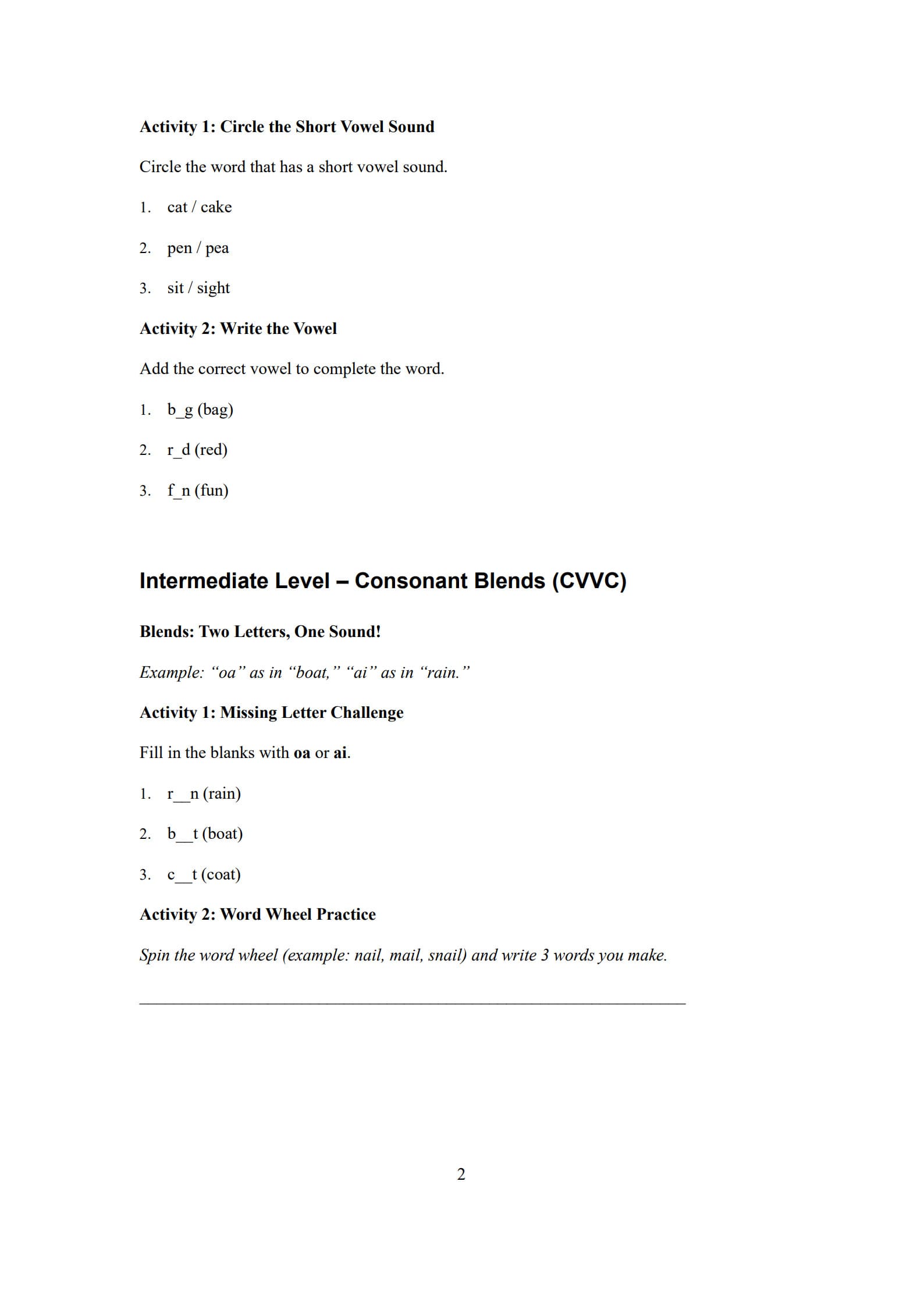 Phonics Worksheets 2