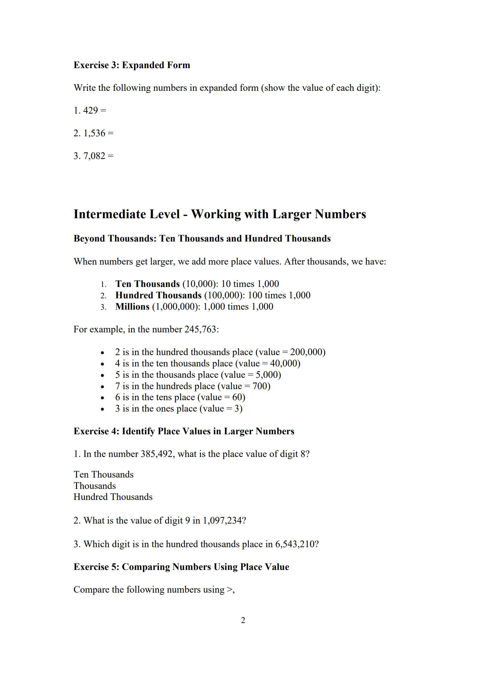 Place Value Worksheet 2