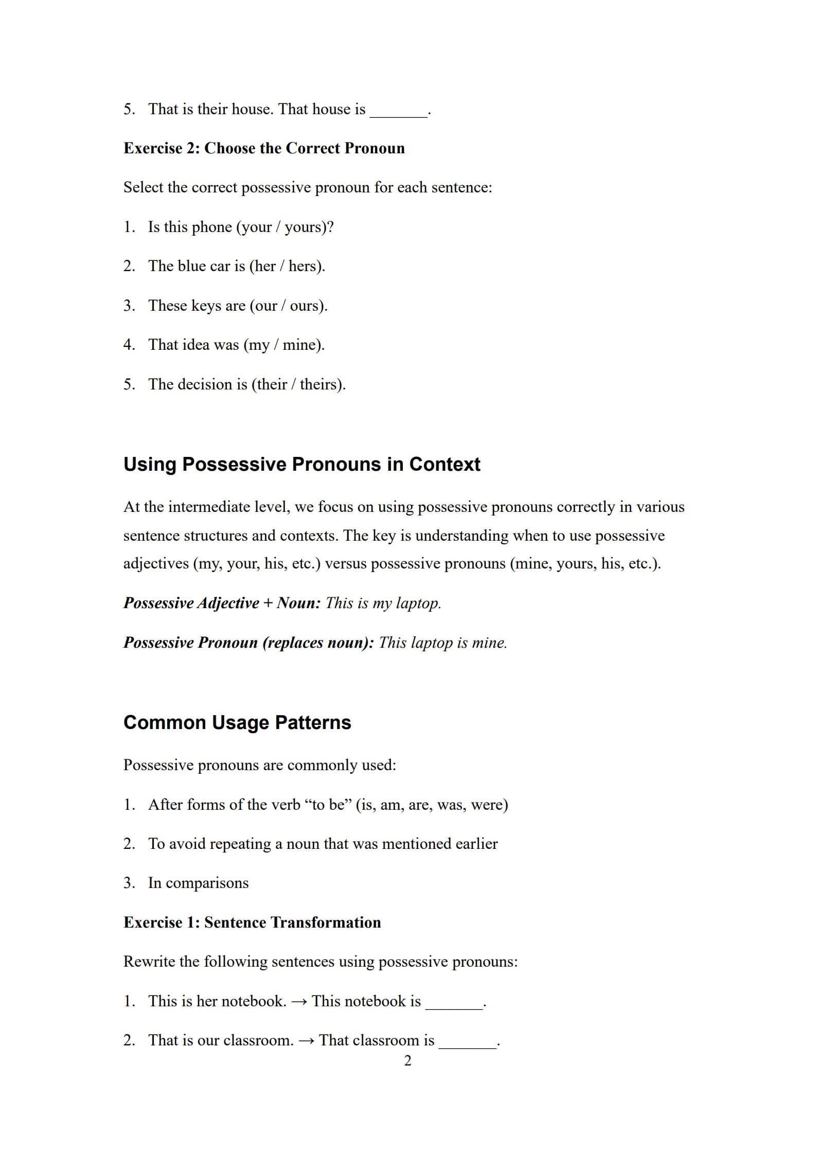 Possessive Pronouns Worksheets 2