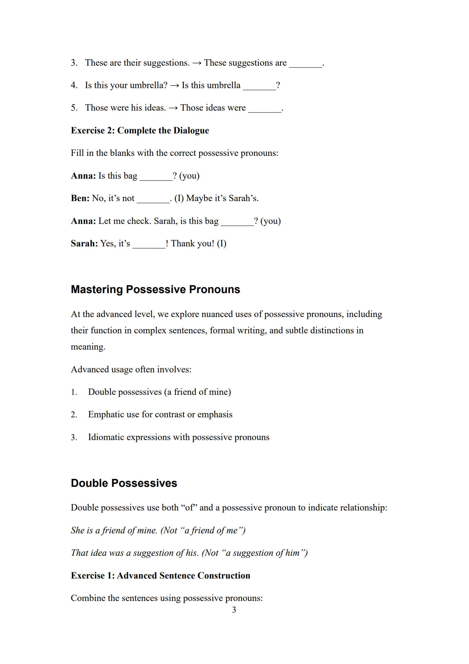 Possessive Pronouns Worksheets 3
