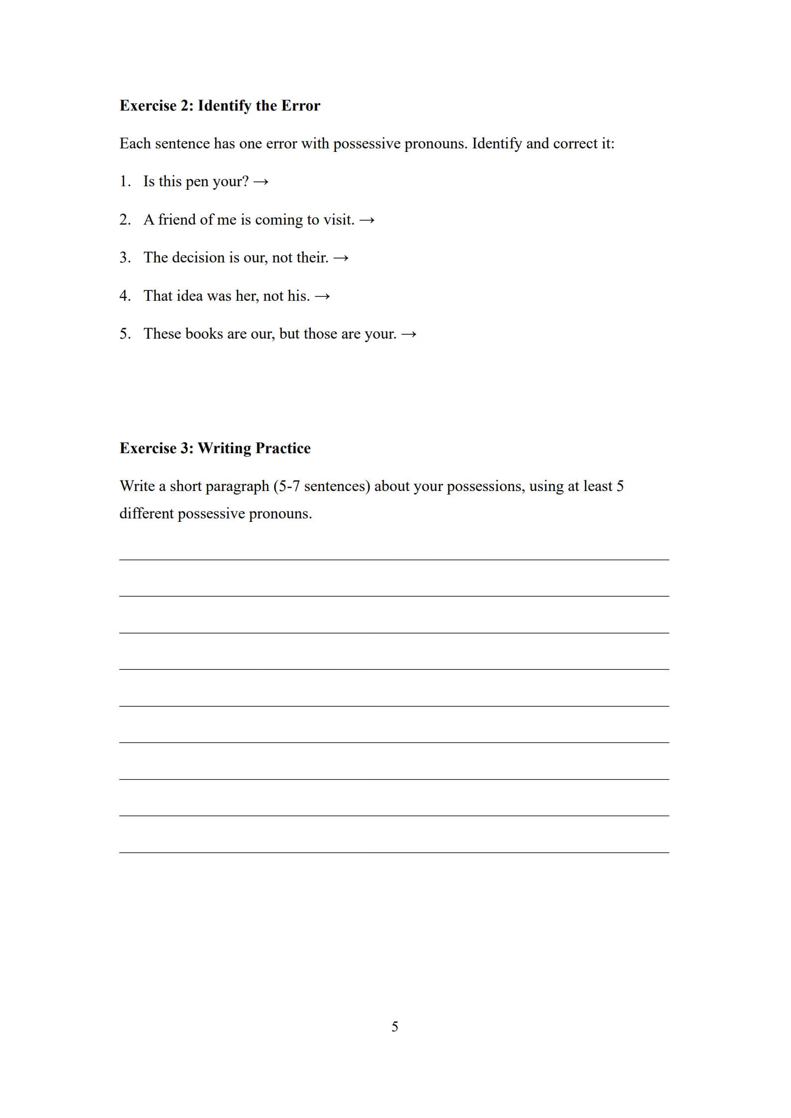 Possessive Pronouns Worksheets 5