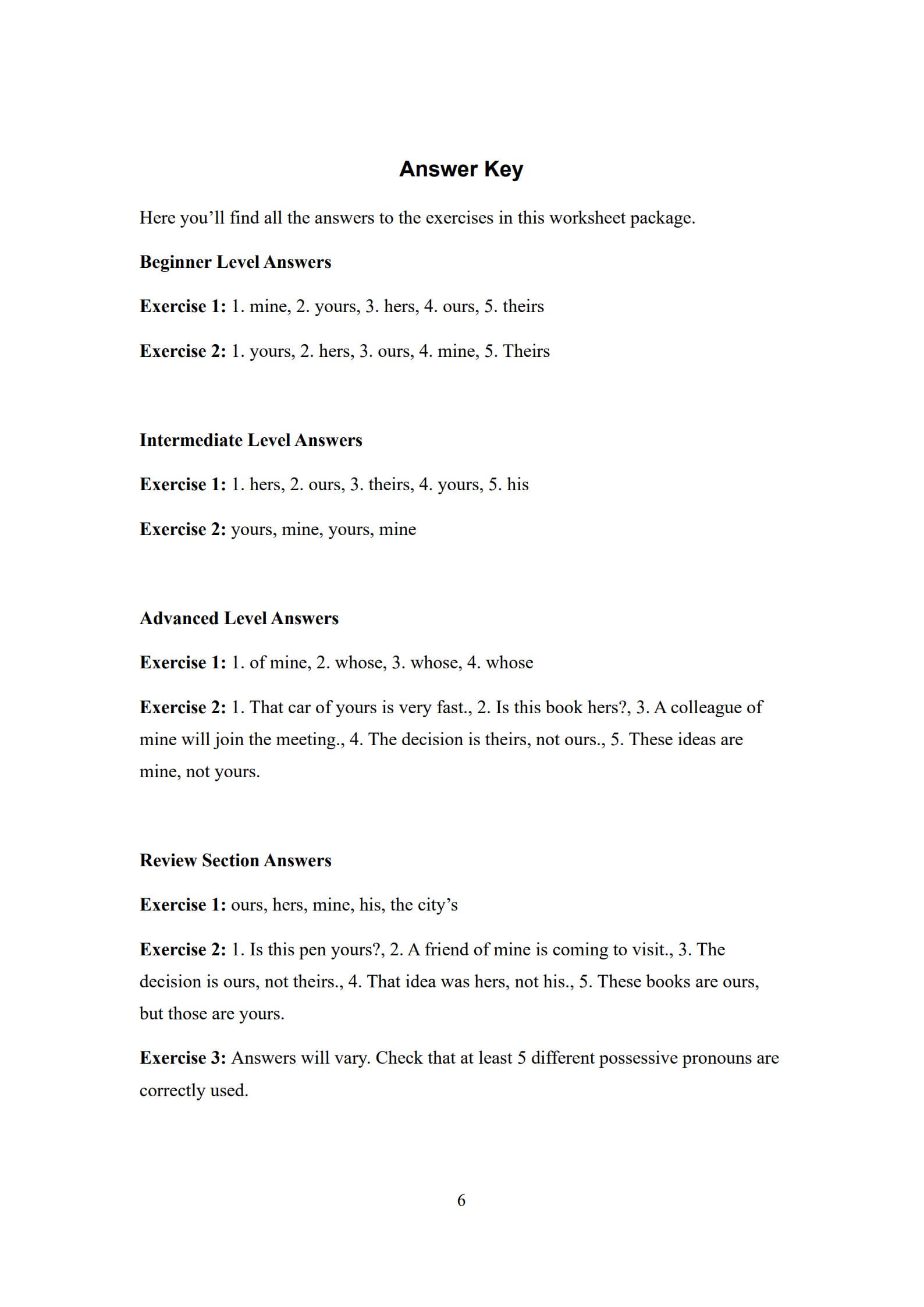 Possessive Pronouns Worksheets 6