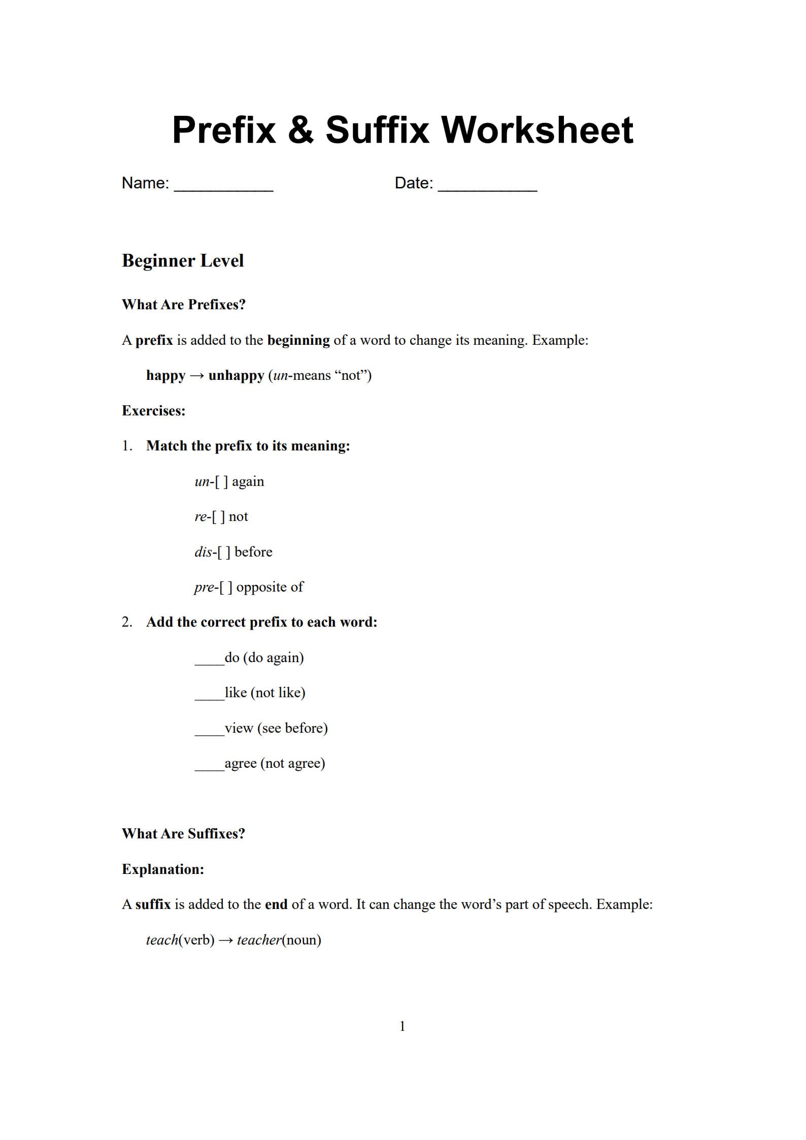 Prefix Suffix Worksheet 1