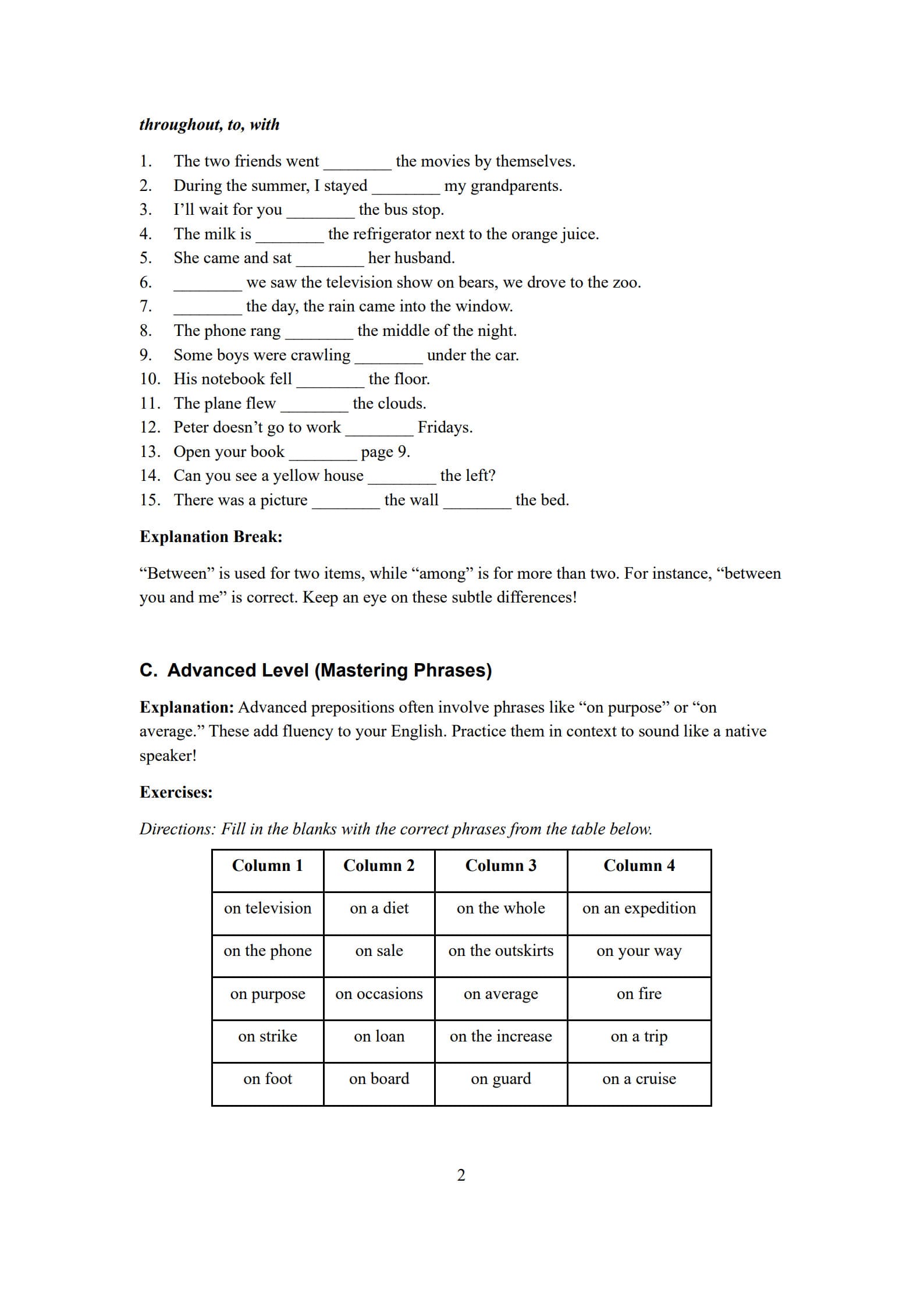 Preposition Worksheets 2