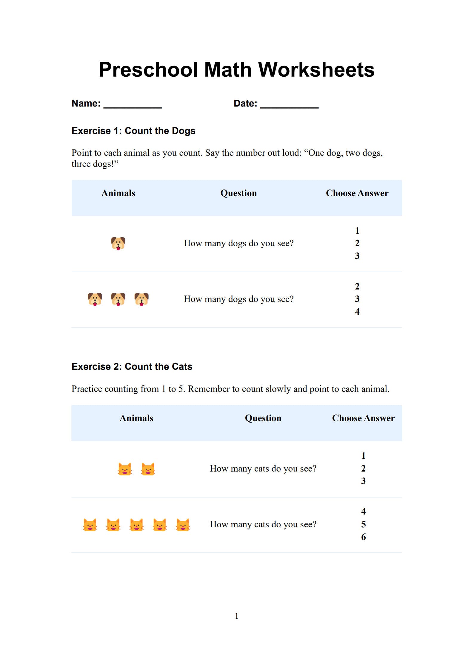 Preschool Math Worksheet 1