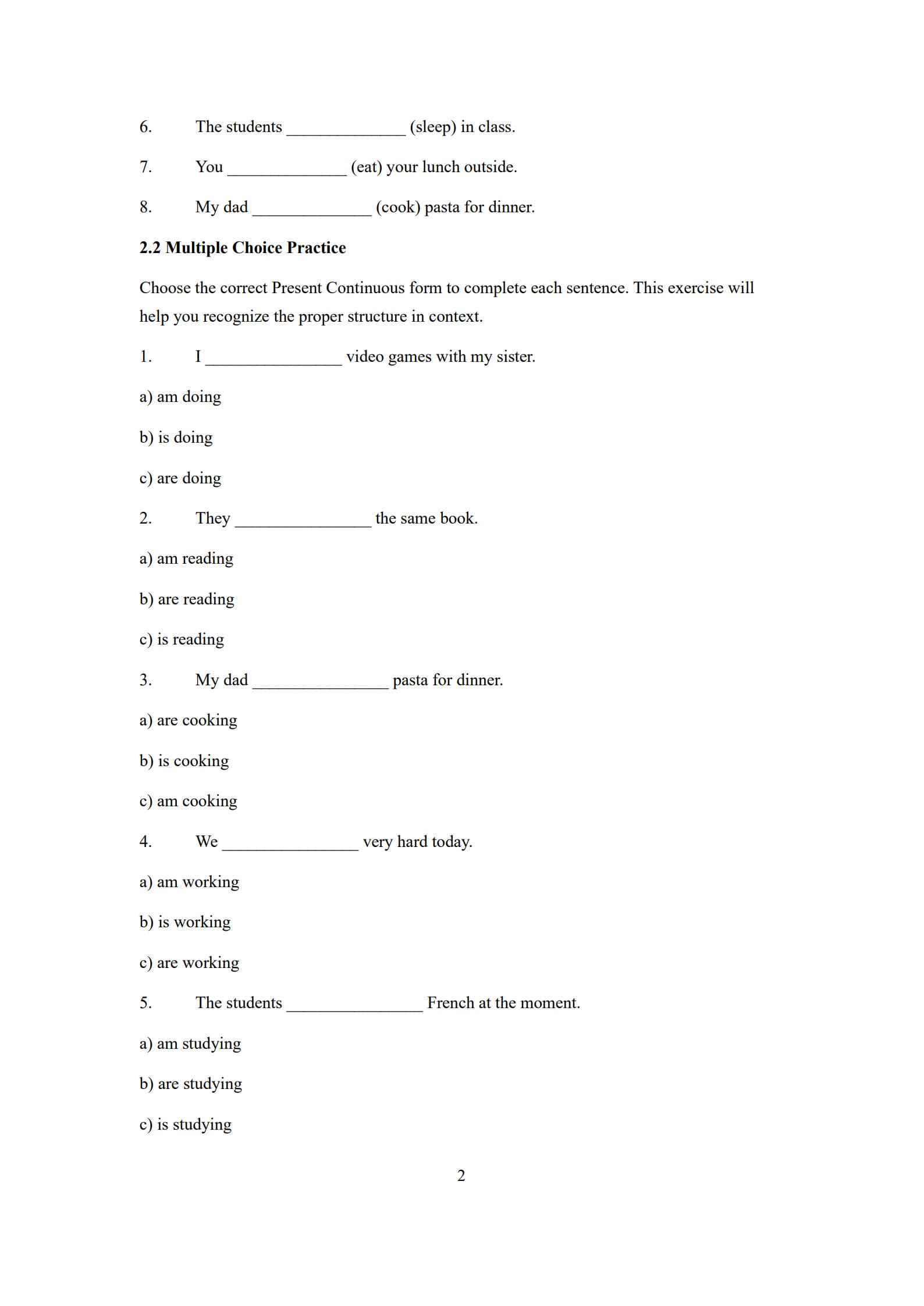 Present Continuous Tense Worksheet 2
