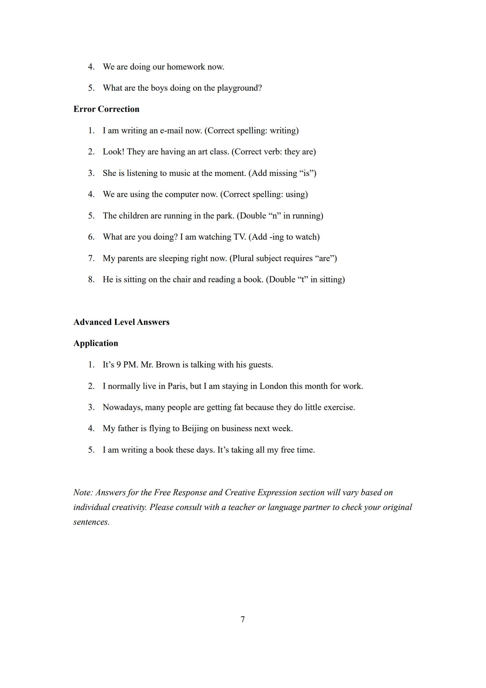 Present Continuous Tense Worksheet 7