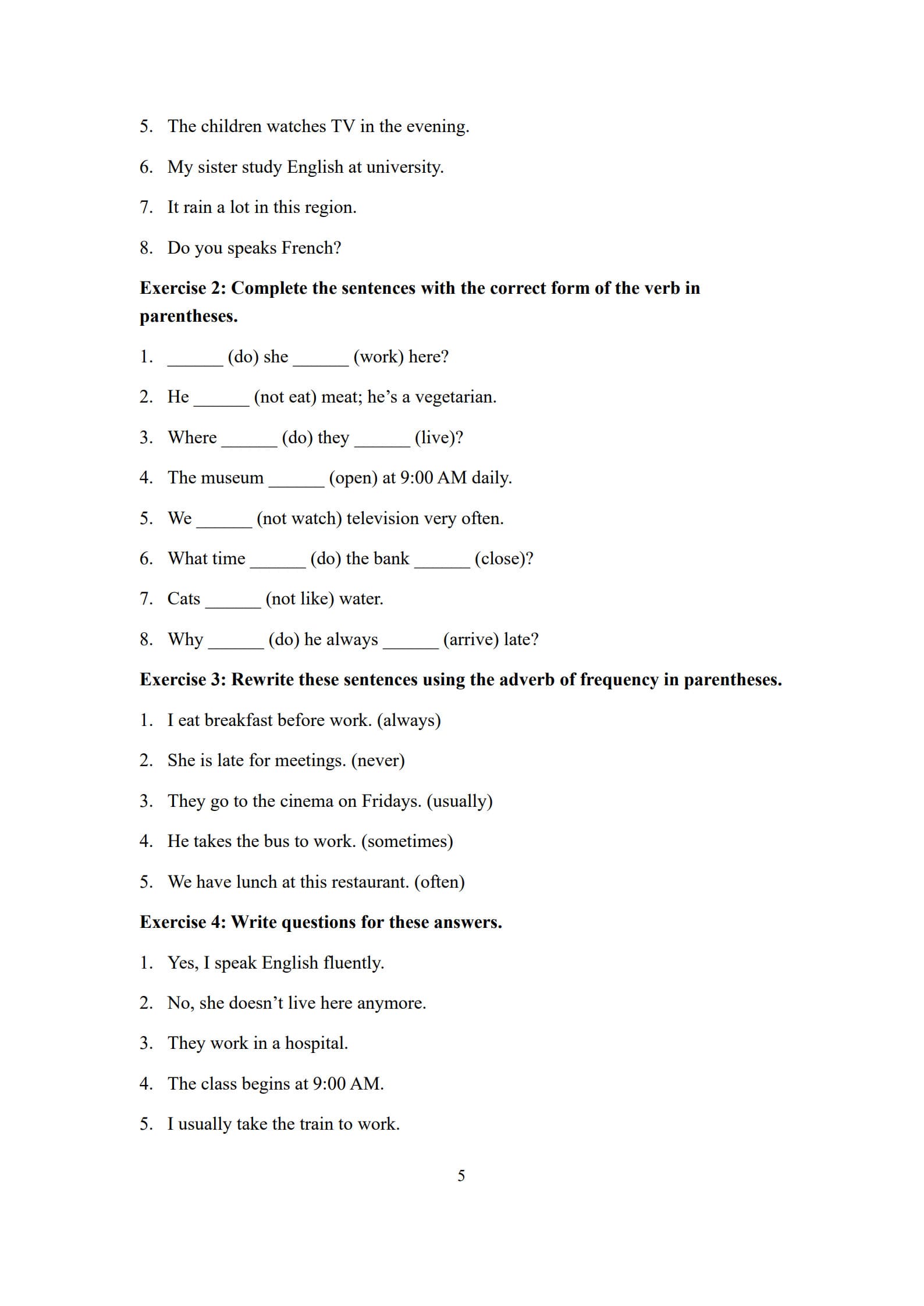 Present Indefinite Tense Worksheet 5
