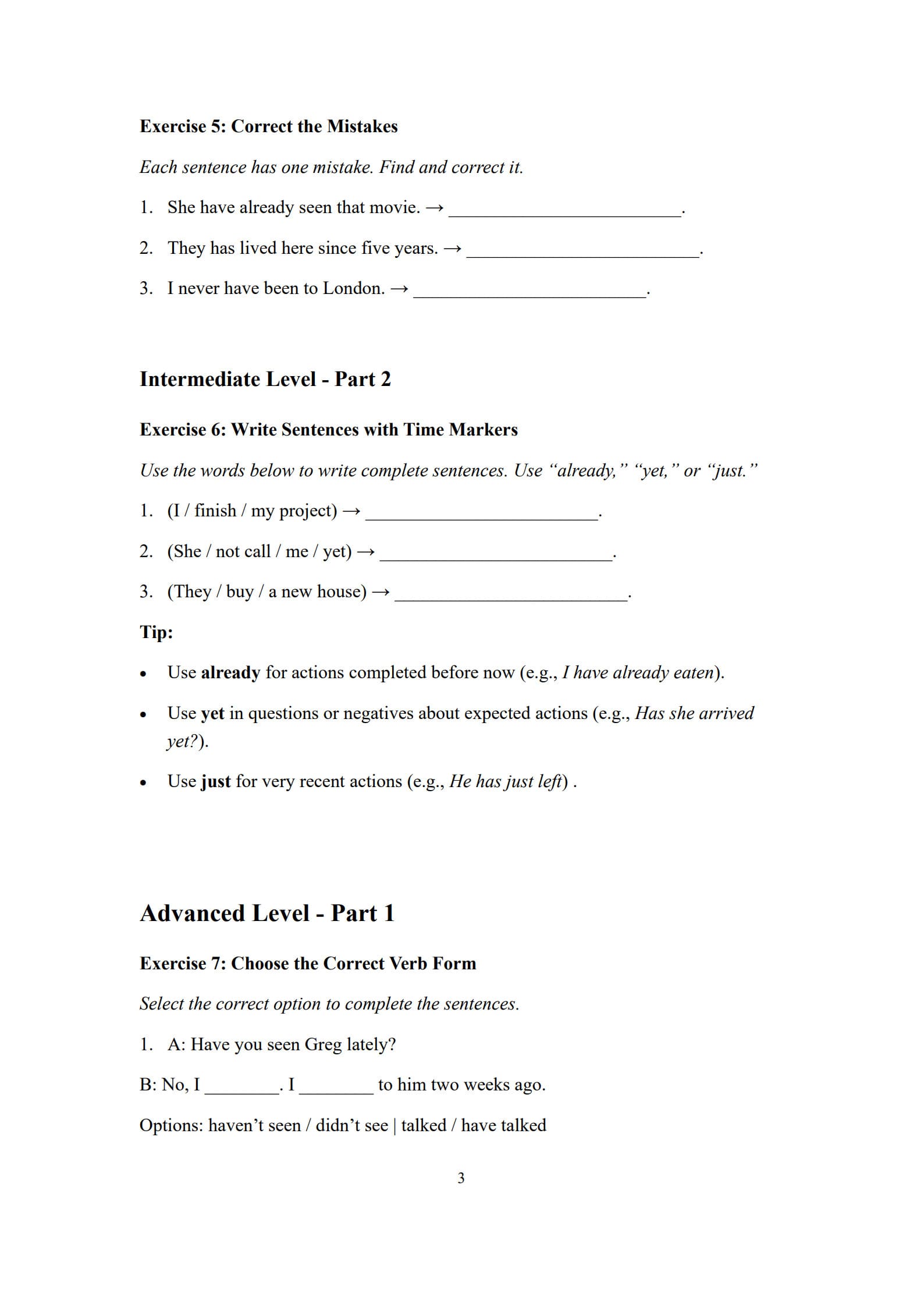 Present Perfect Tense Worksheet 3