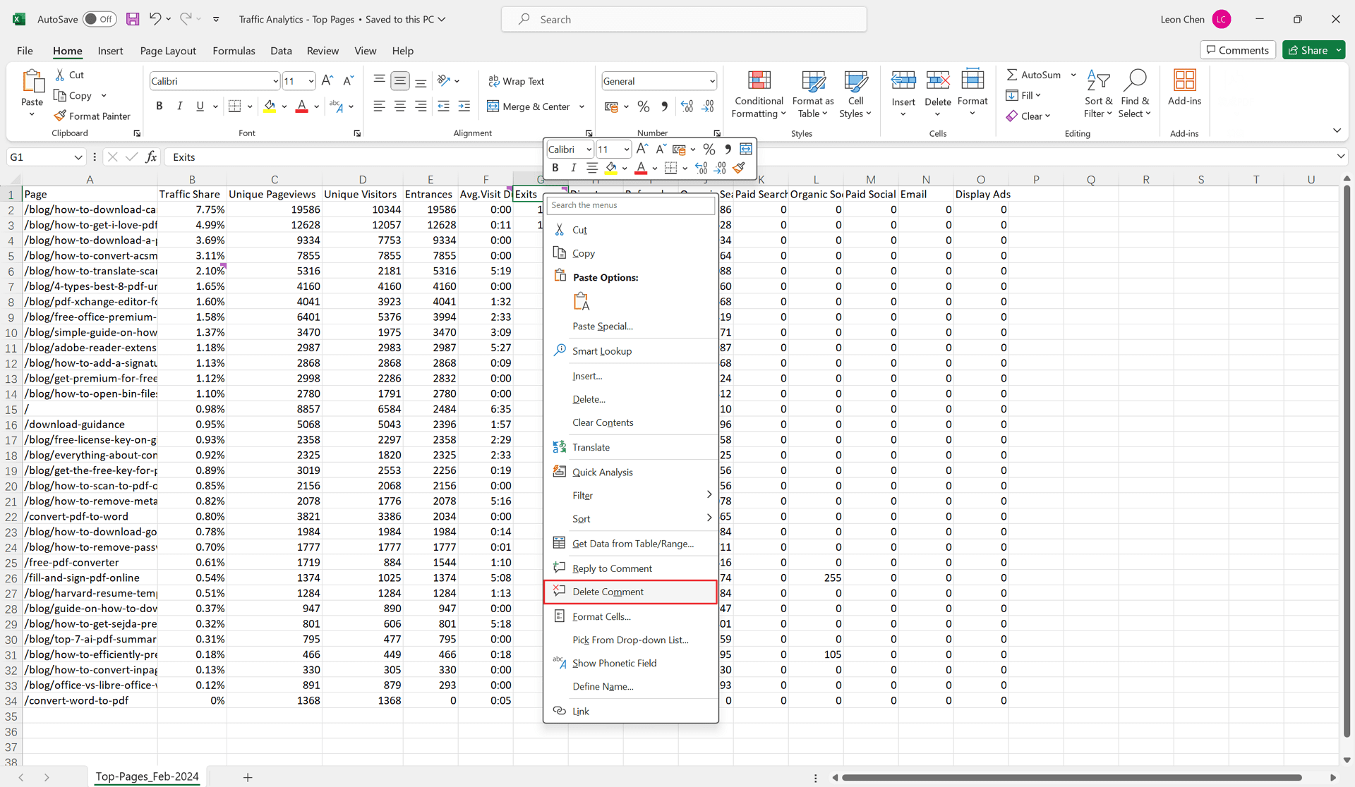 Remove Comments from Individual Cells in Using the Right-Click Menu