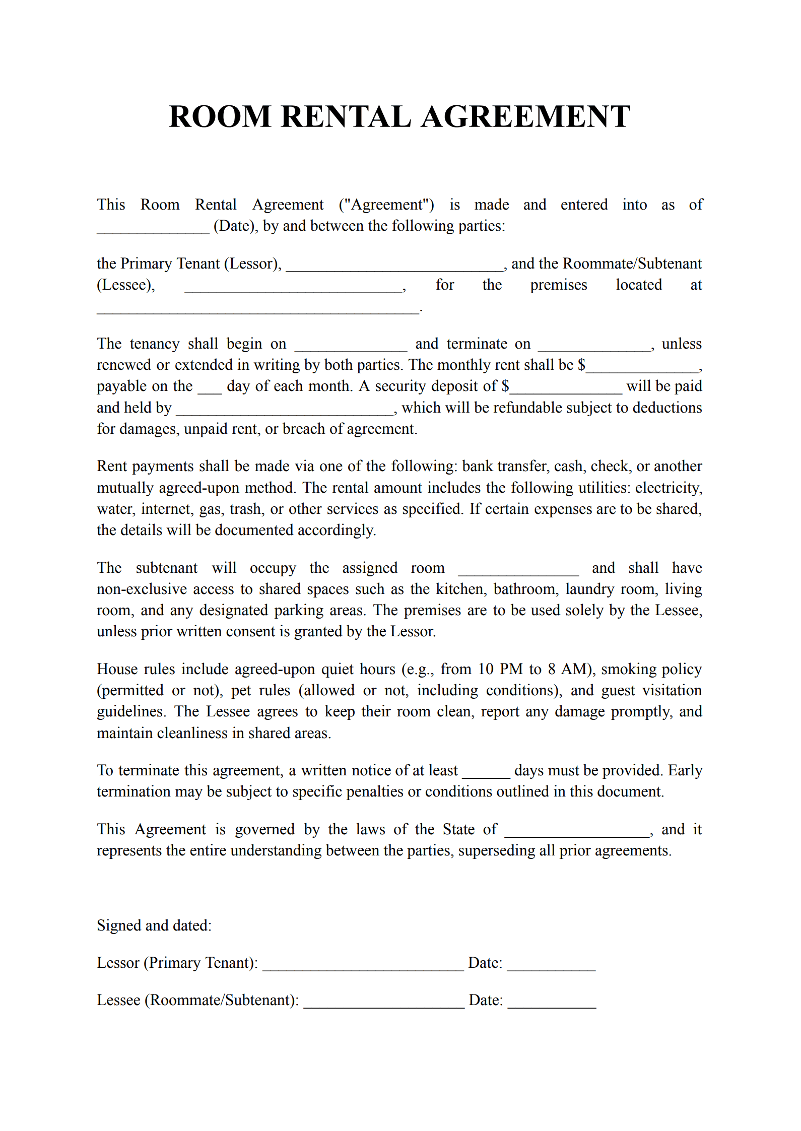 Basic One-Room Rental Agreement Sample