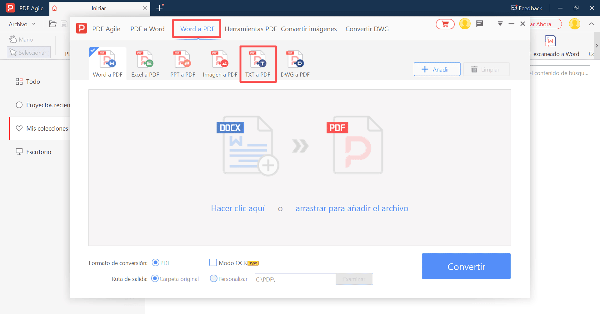 Seleccione TXT a PDF