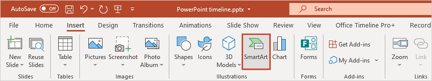 Select the Insert tab from the top menu and choose SmartArt from the Illustrations set..png
