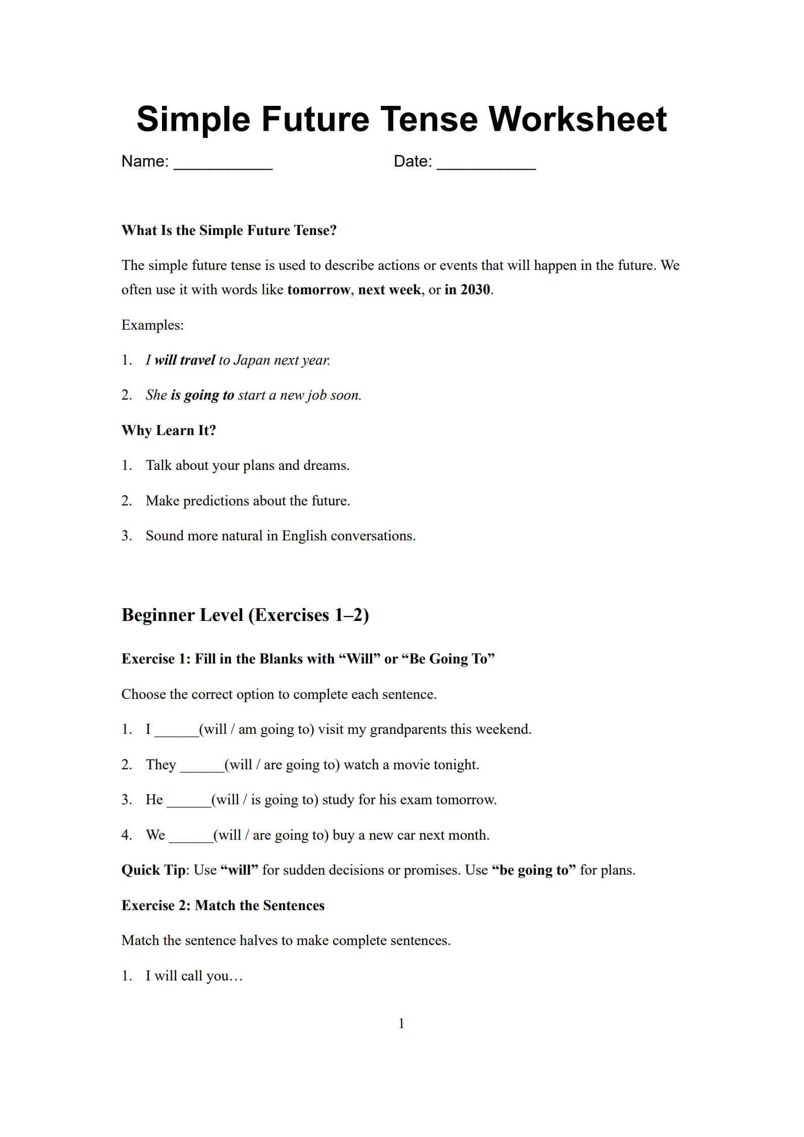 Simple Future Tense Worksheet 1